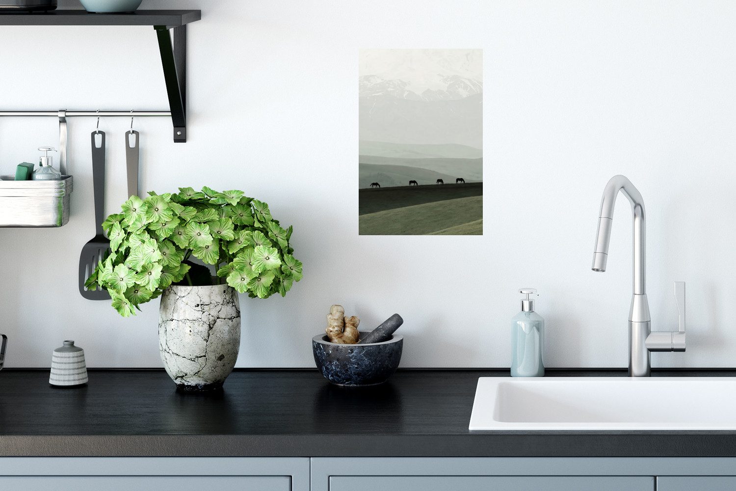 MuchoWow Wandsticker Grau - Berg - Pferde (1 St), Wandaufkleber, Selbstklebend, Wohnzimmer, 20x30 cm