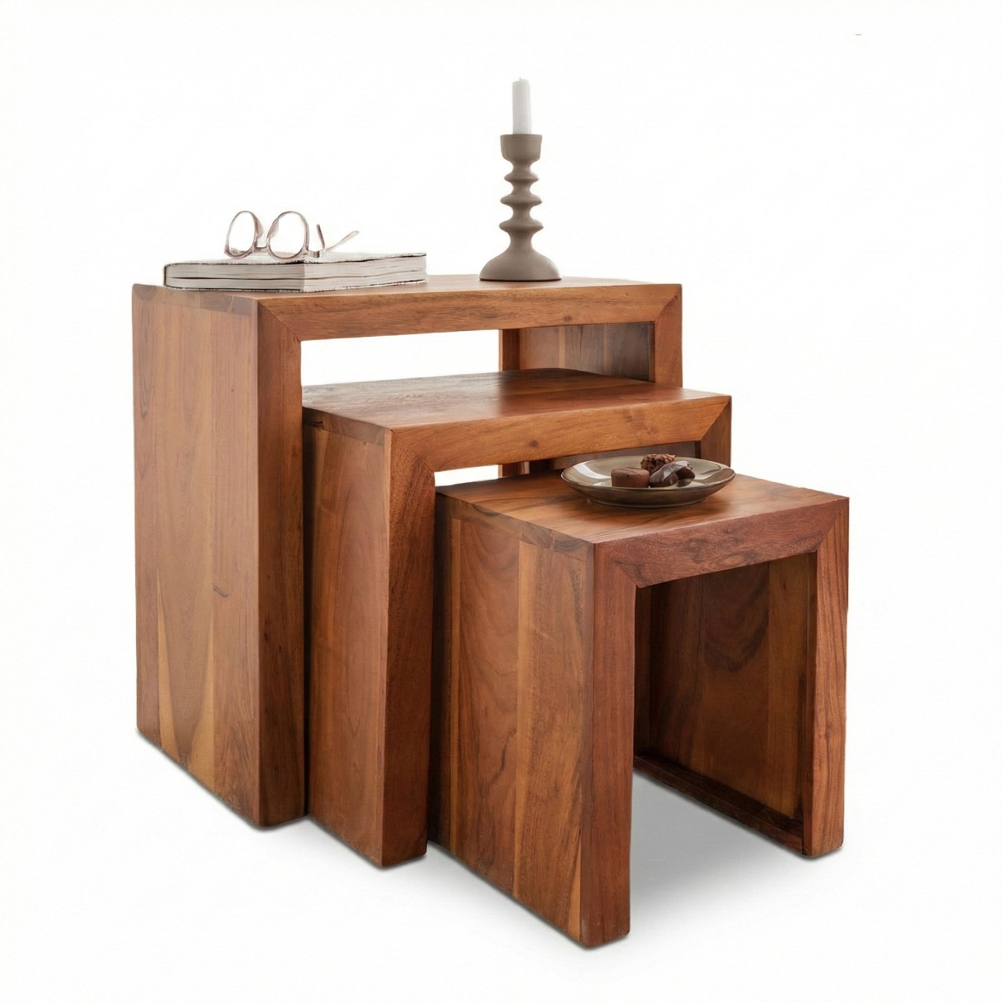 Liadomo Beistelltisch Bianca (3-teilig, 3er-Set), massiv aus Akazie, nussfarben, Couchtisch