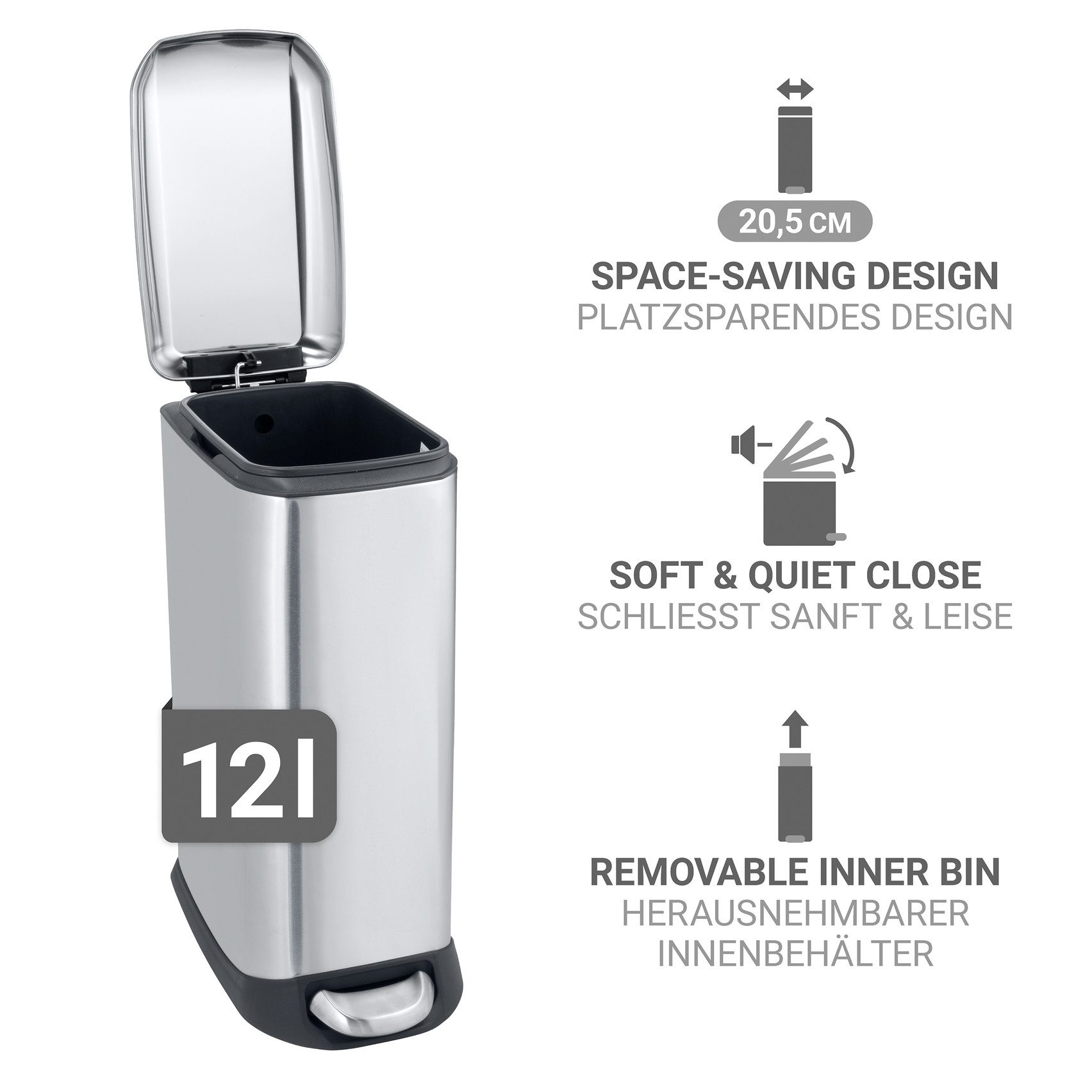 WENKO Mülleimer Modell Design, Abfalleimer mit Absenkautomatik und herausnehmbarem Einsatz