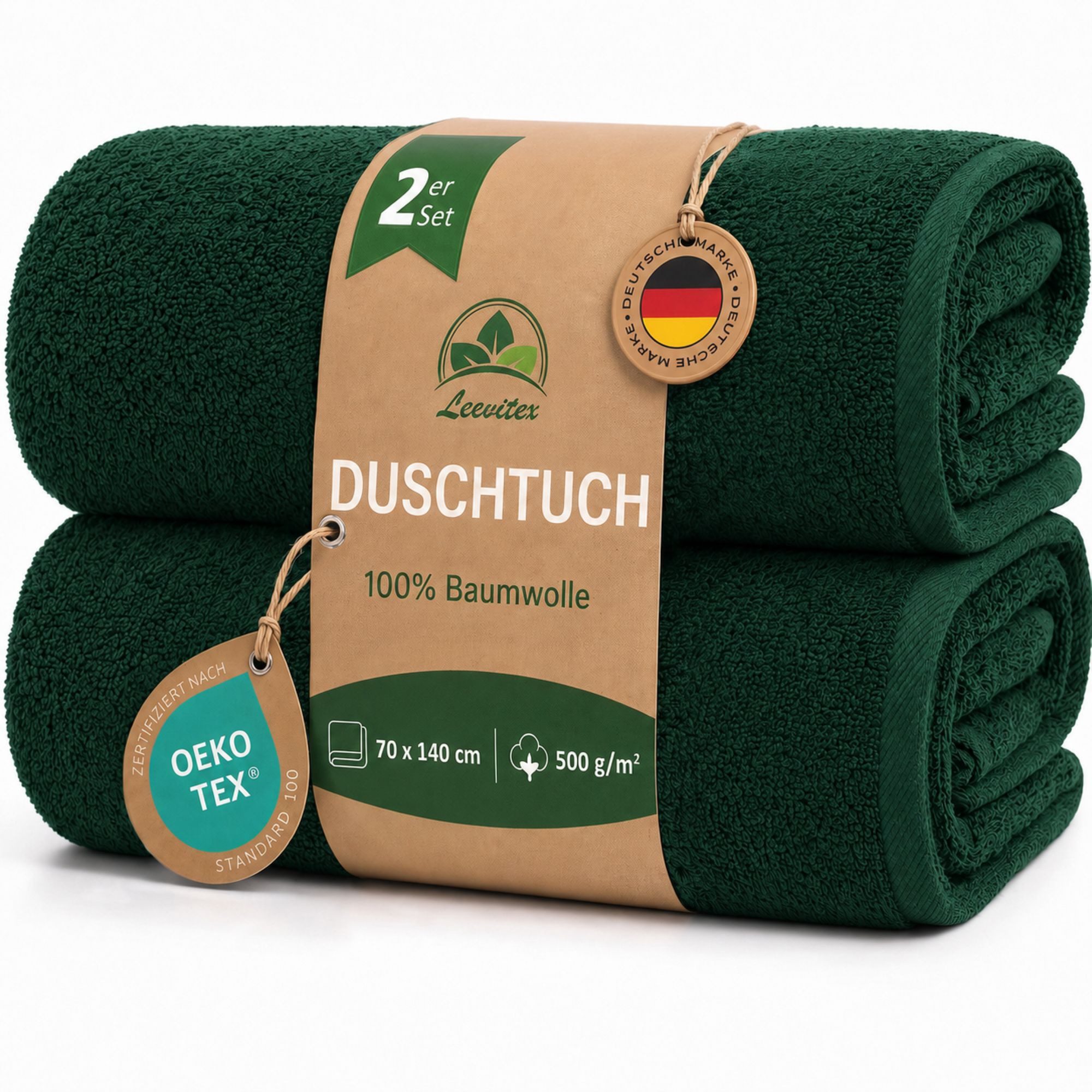 leevitex® Duschtücher 2er-Set, 70x140 cm, 100% Baumwolle, saugstark und fusselfrei, Frottee (Set, 2-St), OEKO-TEX® STANDARD 100 zertifiziert, gestreifte Bordüre