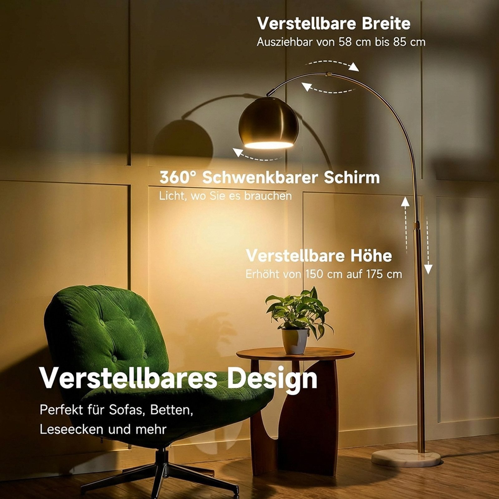 MUPOO Stehlampe Moderne Gold Arc Stehlampe aus Metall/dimmbare, mit Glühbirne, dimmbare/farblich einstellbare Glühbirne, Verstellbarem Metallschirm & Marmorsockel,mit Fernbedienung