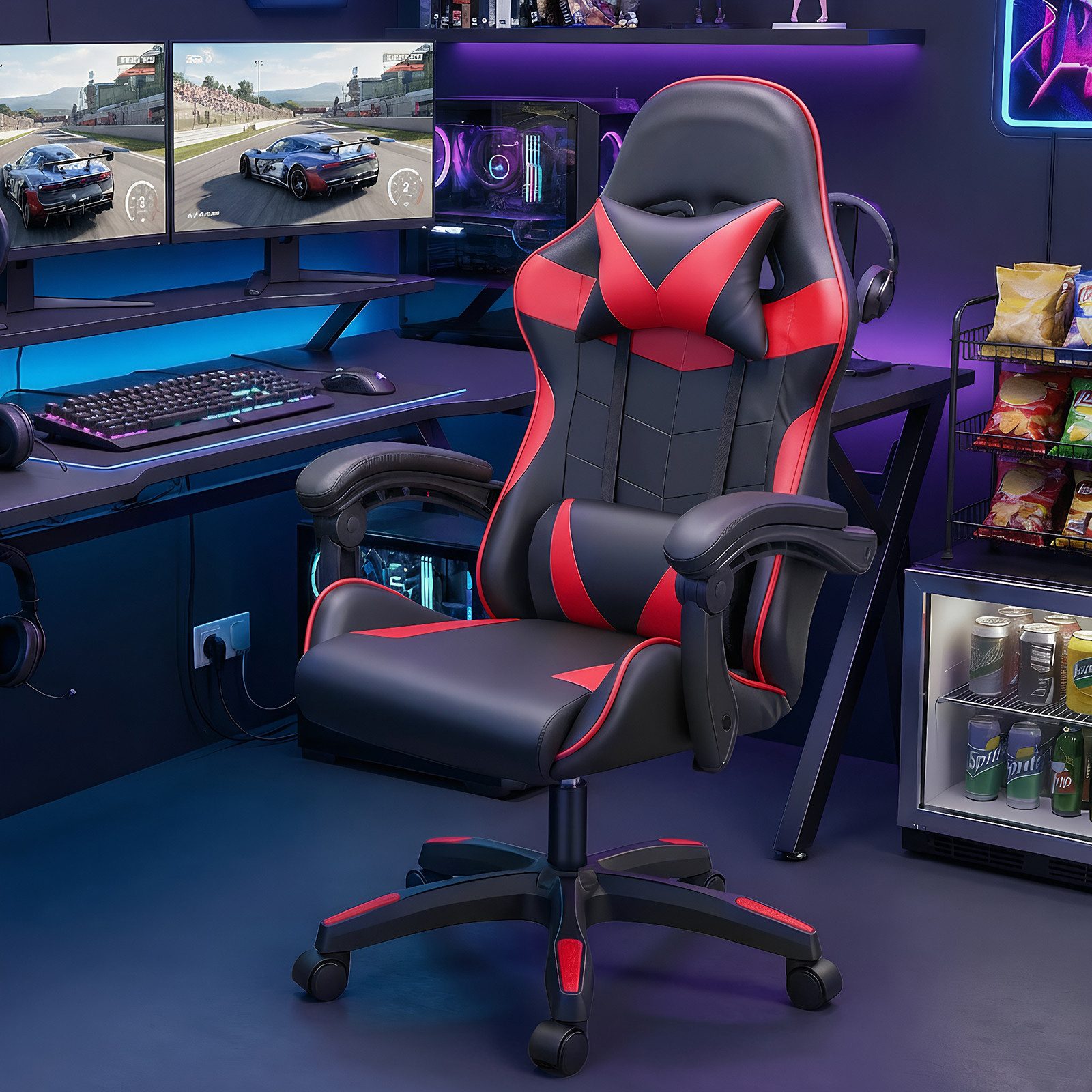 oyajia Gaming-Stuhl Gaming Stuhl, Bürostuhl Ergonomisch Wippfunktion bis zu 135° (mit Kopfstütze und Lendenkissen), Rückenlehne und Sitzfläche kippbar,Gamingstuhl mit Höhenverstellung