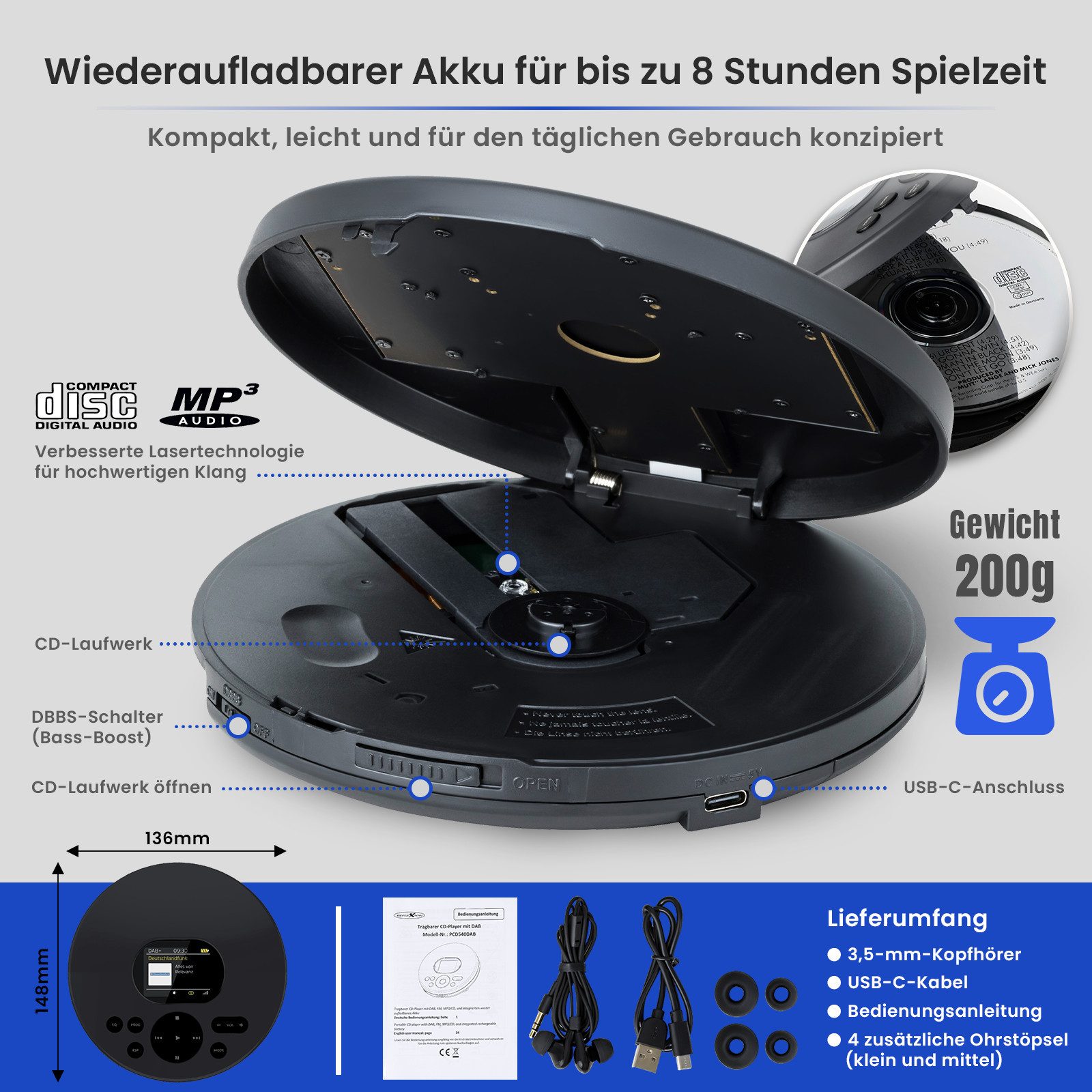 Reflexion PCD540DAB CD/MP3-Player mit DAB+ Digitalradio tragbarer CD-Player (LCD-Farbdisplay, Hörbuchfunktion, Ohrhörer, 8 Std. Akkulaufzeit)