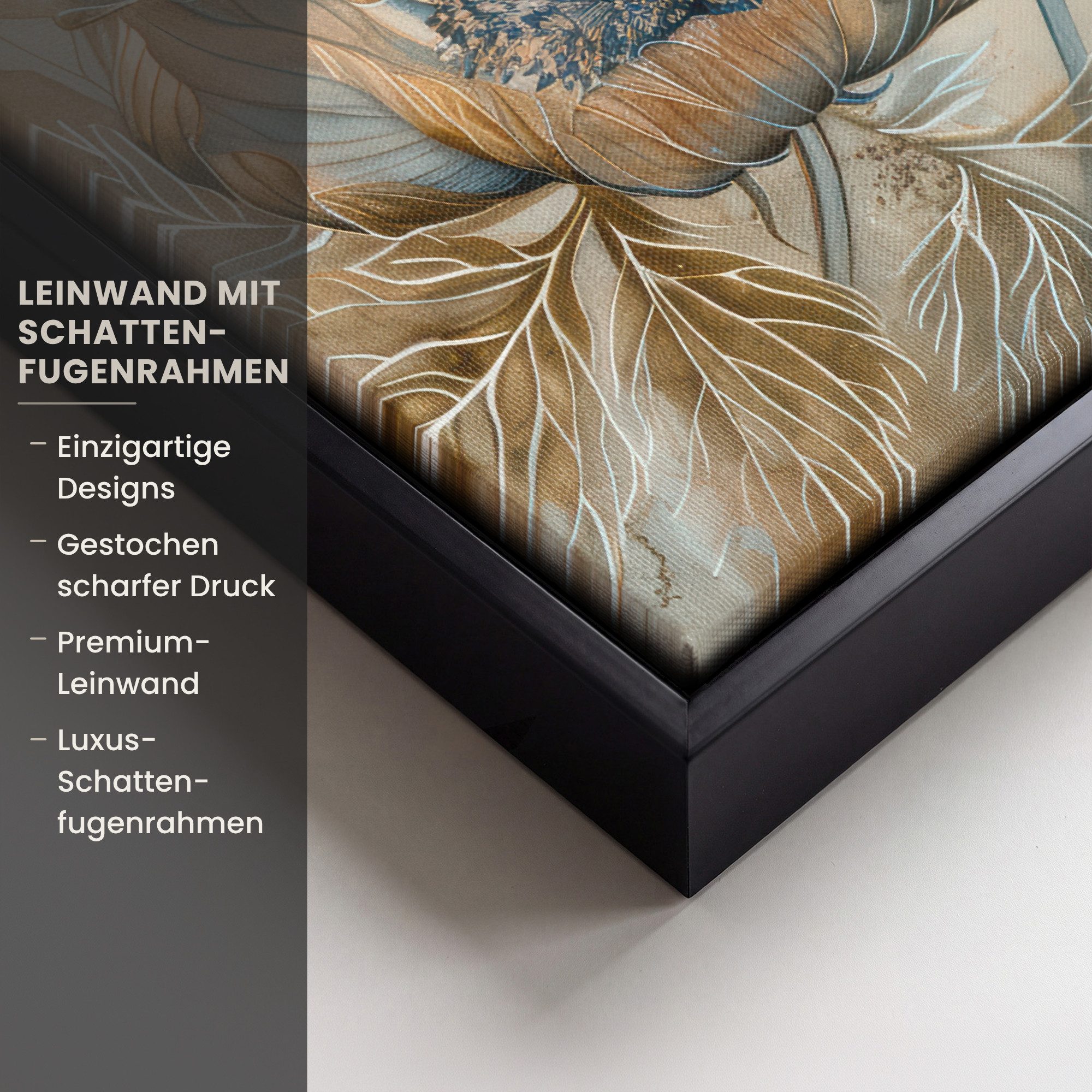 OneMillionCanvasses® Leinwandbild mit Rahmen - Blumen - Beige - Modern - Illustration, Fotodruck (1 St), Deko für Wohnzimmer Schlafzimmer Küche 20x30cm