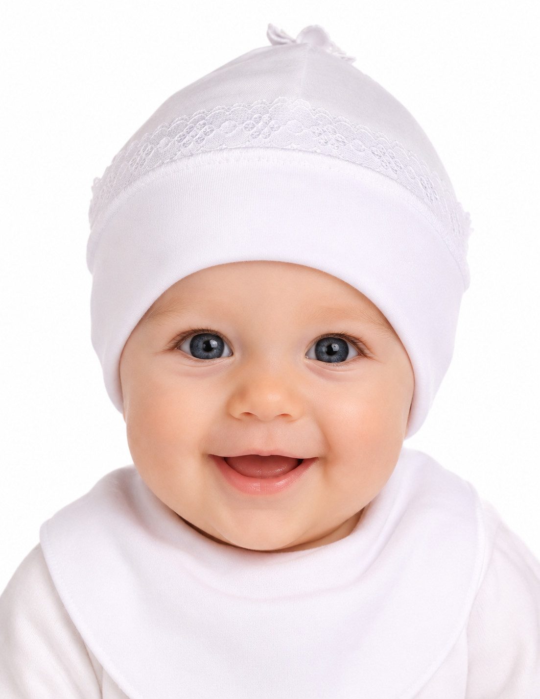 La Bortini Erstlingsmütze Baby Mütze in Weiß für Mädchen mit Rüschen festlich aus reiner Baumwolle, doppellagig, festlich, 32 bis 46 mit Blumen