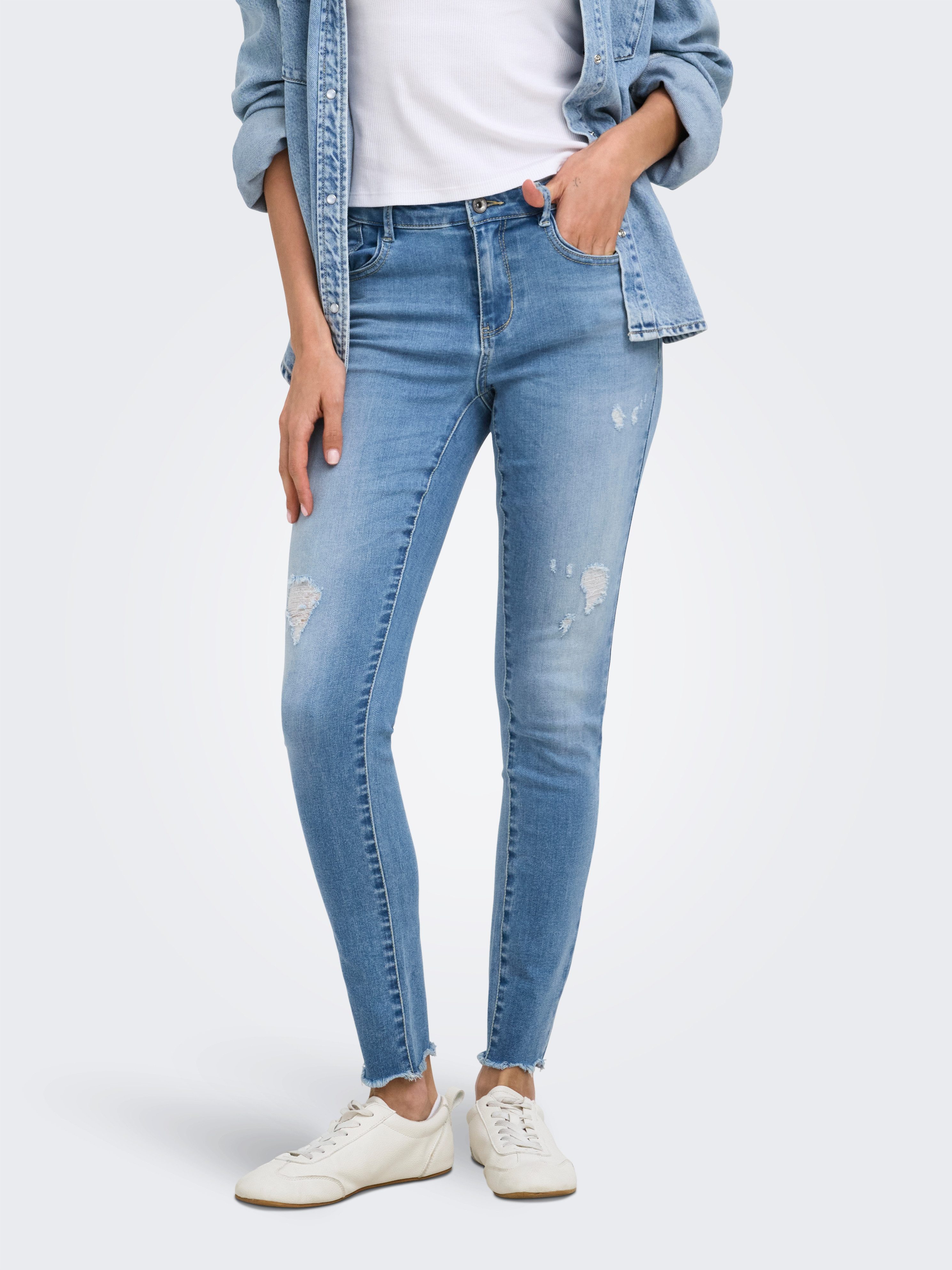 ONLY Skinny-fit-Jeans ONBLUSH MW COIN PCK ANK RW DNM Baumwollmischung, skinny fit, offener Saum, destroyed Effekte
