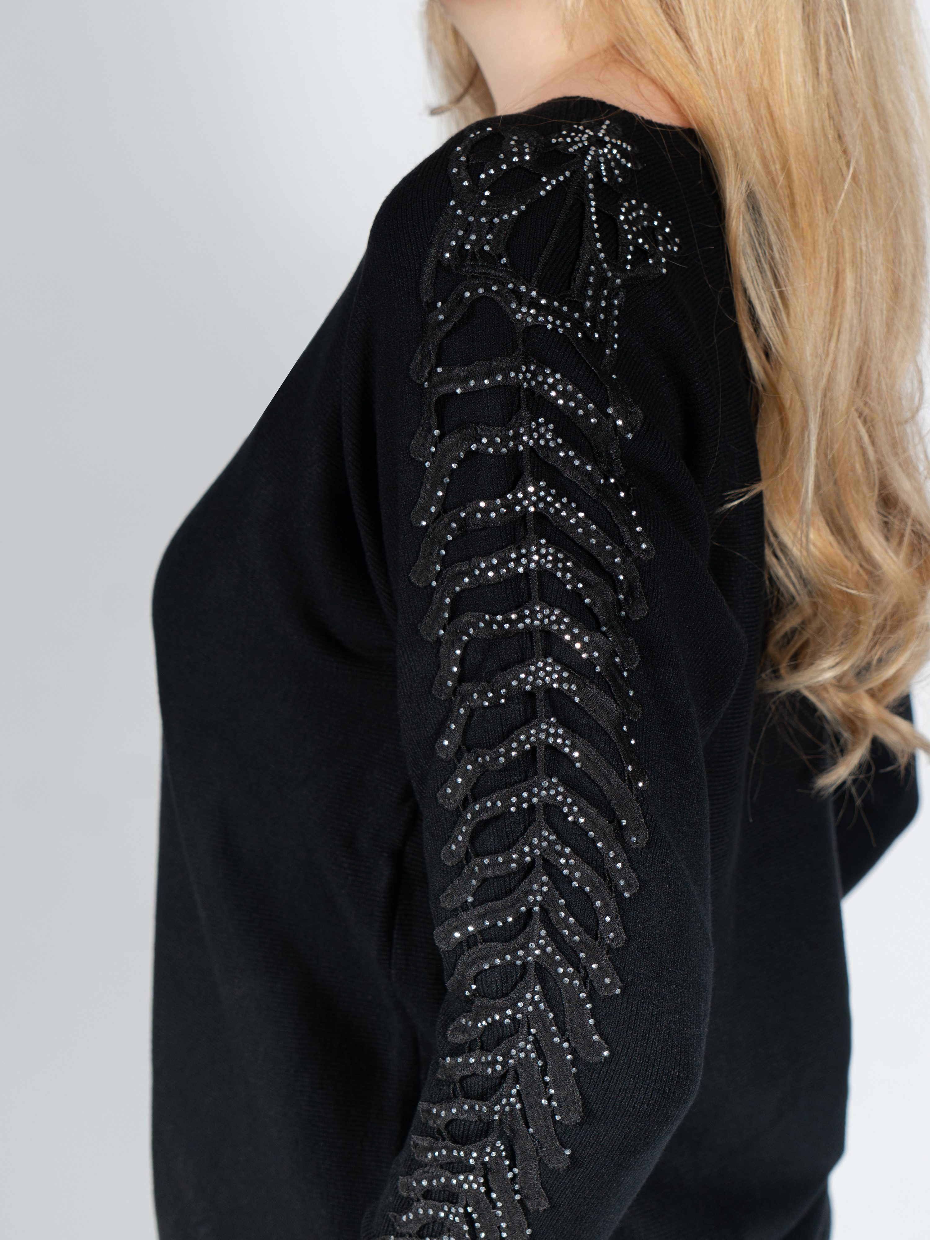 Passioni Strickpullover mit offenen gerippten Ärmeln und Glitzersteinen günstig online kaufen