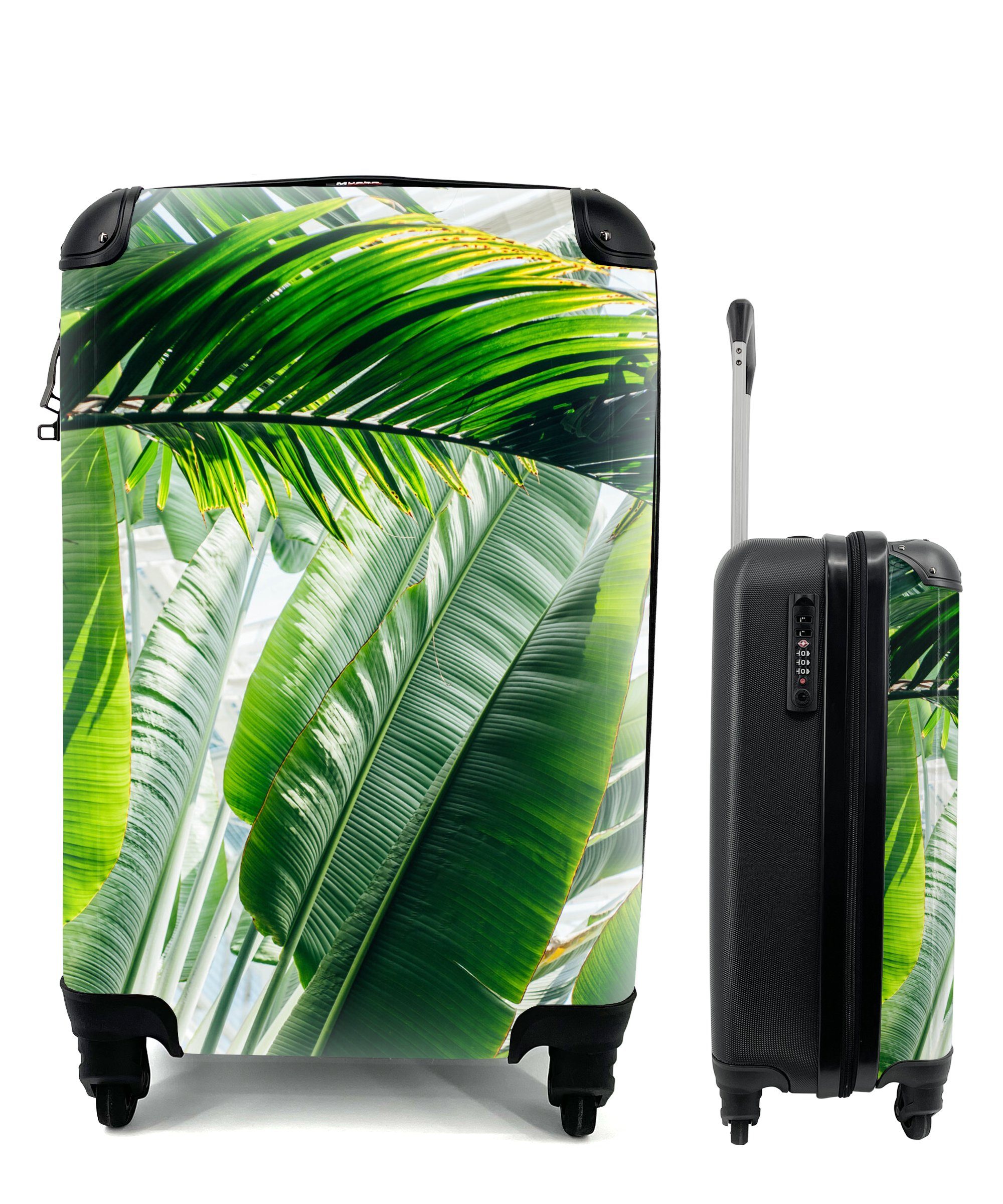 Sonnenstrahlen Ferien, auf mit Reisetasche Handgepäck Palmenblättern Trolley, für einem Reisekoffer Garten, Rollen, botanischen in Handgepäckkoffer 4 MuchoWow rollen,