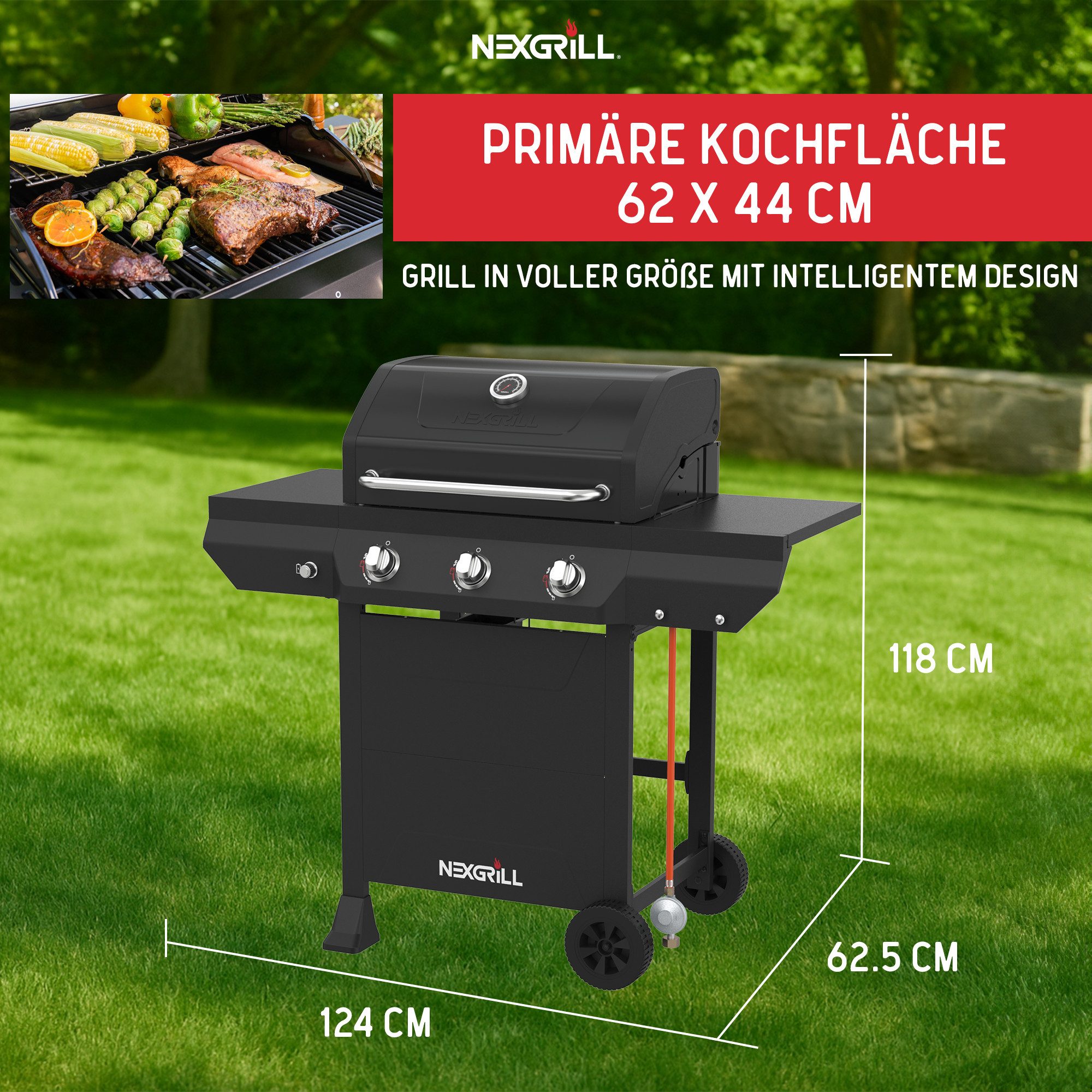 nexgrill Gasgrill Classic 3B 3 Brenner, Grillwagen 12 kW, Aufbaumaß: 124 x 118 x 61 cm