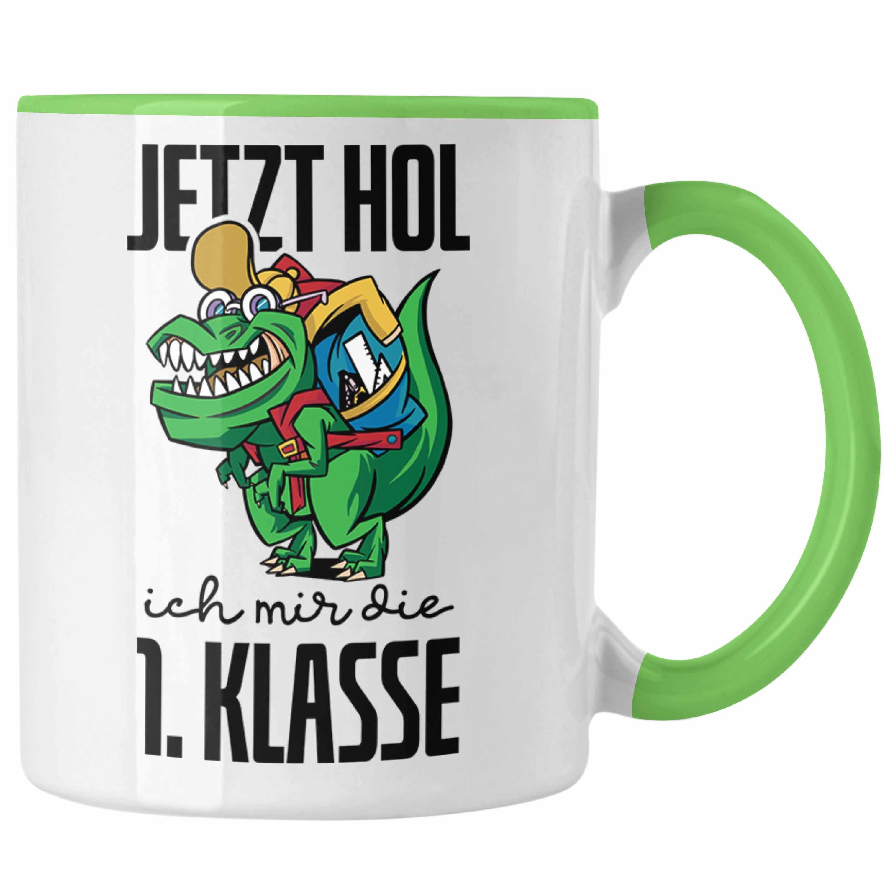 Trendation Tasse Tasse Einschulung Dino T-rex Motiv Geschenk für Jungs in der 1. Klasse Grün