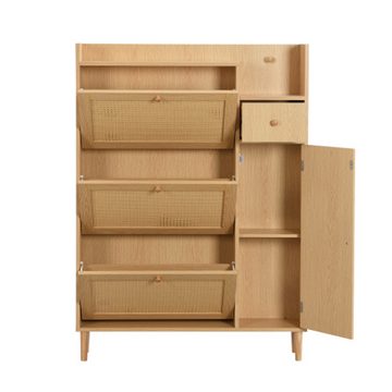 XDeer Schuhschrank Holzwerkstoff Schuhschrank aus Rattan – 3 Kipp Türen und 1 Schublade – mit Massivholzbeinen