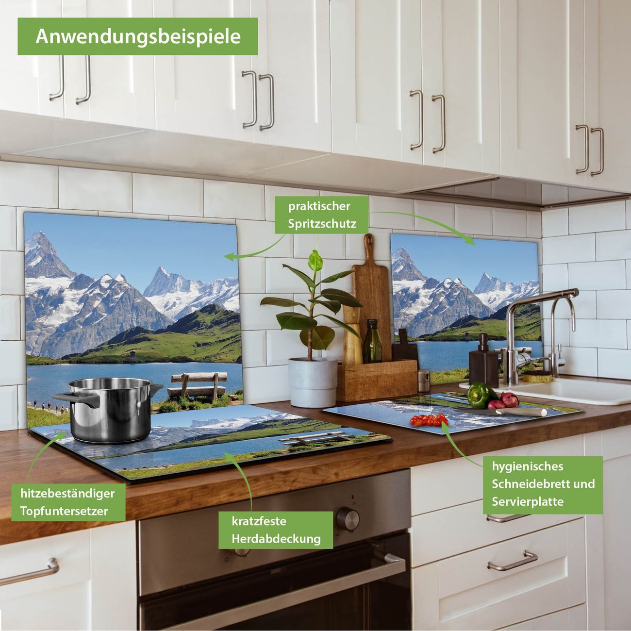 banjado Herd-Abdeckplatte einteilig aus Glas mit Motiv Alpen, (gehärtet, 1 tlg., inkl. selbstklebende Gummifüßchen)