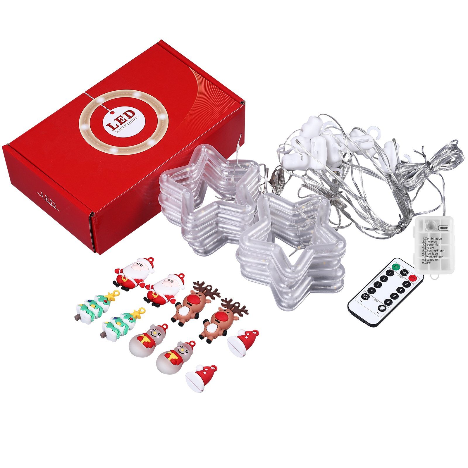 Rosnek LED-Lichtervorhang 3M, Weihnachtsornamente, für Schlafzimmer Fenster Deko, Weihnachtsmann Weihnachtsbaum Rentier