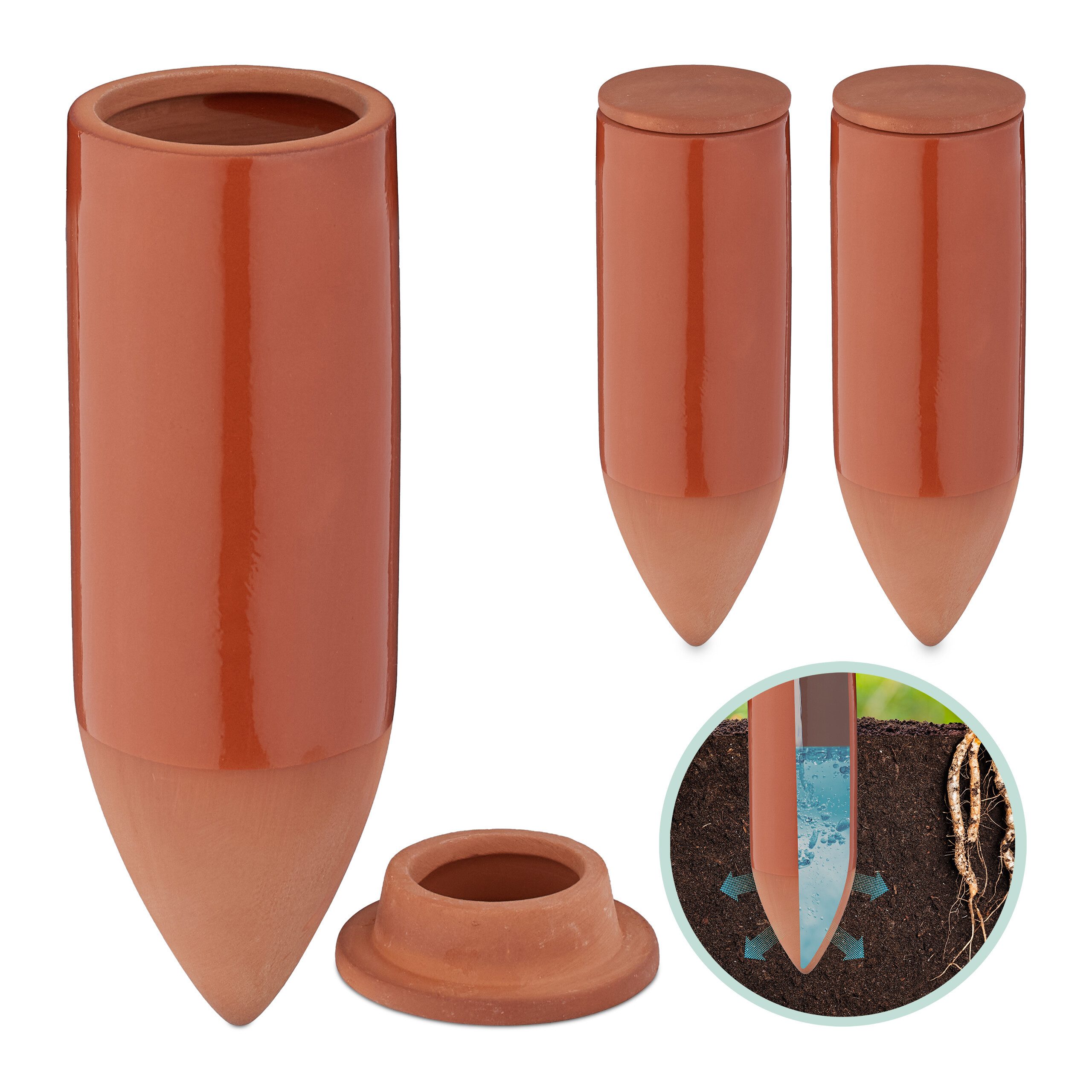relaxdays Bewässerungskugel Tonkegel mit Deckel im 3er Set