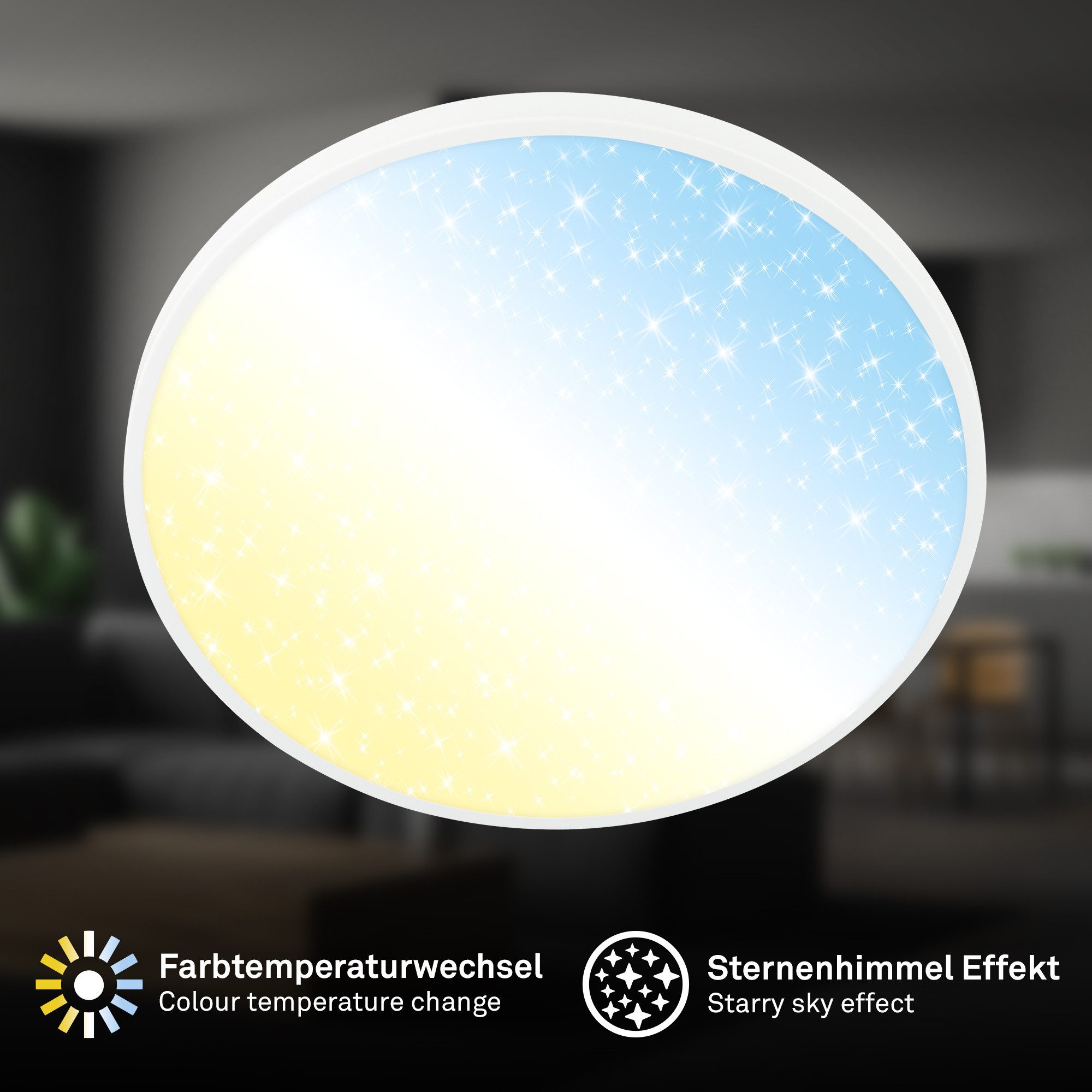 Briloner Leuchten Deckenleuchte LED Deckenlampe Rund Panel Sternenhimmel dimmbar, LED fest integriert, inkl. Fernbedienung 38cm Nickel-matt/Weiß Wohnzimmer Schlafzimmer