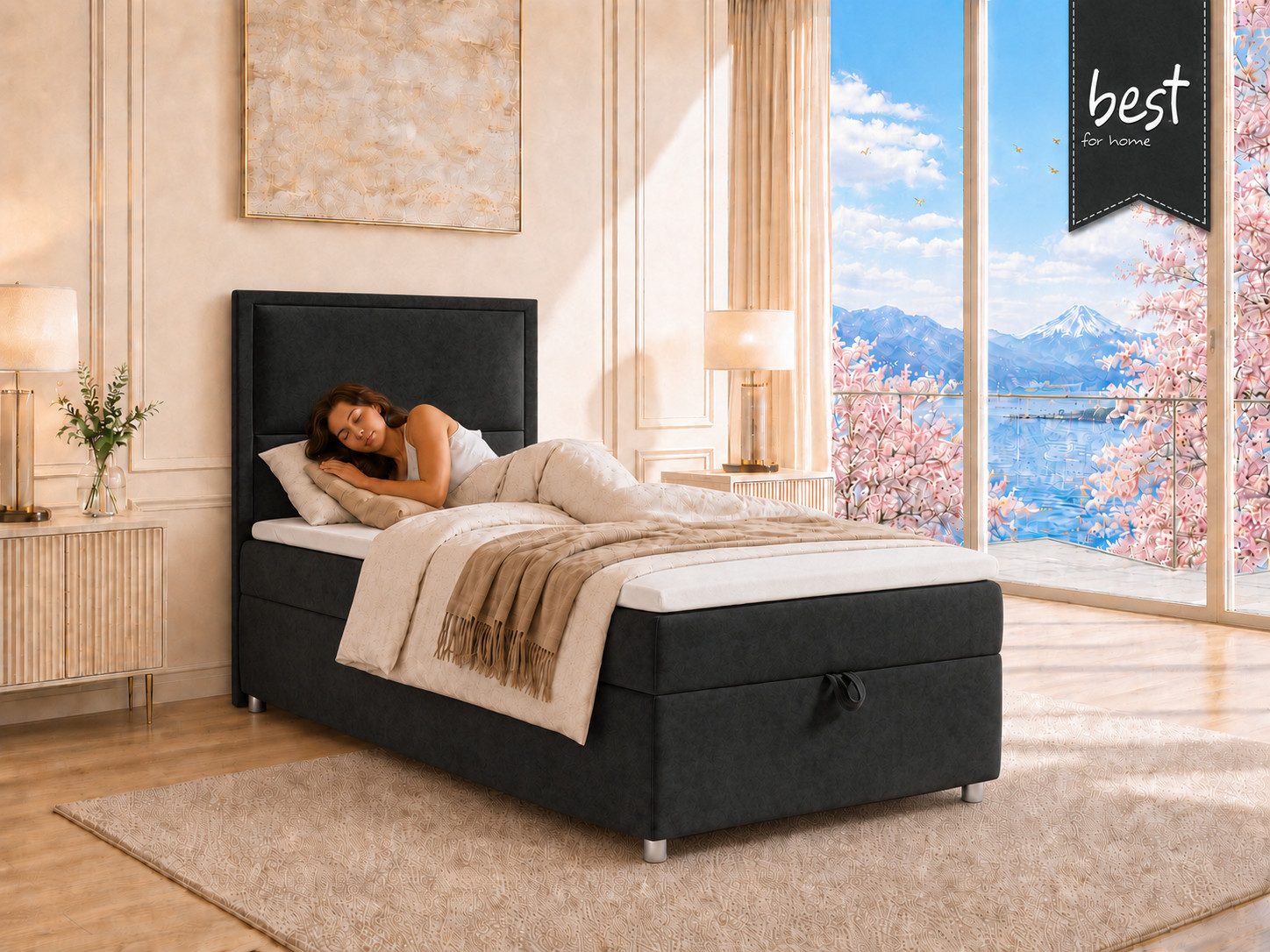 Best for Home Boxspringbett K-11 SINGLE mit Bettkasten, Bonellfederkern, Komfort Topper H3 (Hotelbett, Einzelbett, Kinderbett, Juniorbett, 5-St., 70x200 80x200 90x200 100x200 cm), Einzelbett mit integriertem Stauraum, gepolstertem Kopfteil