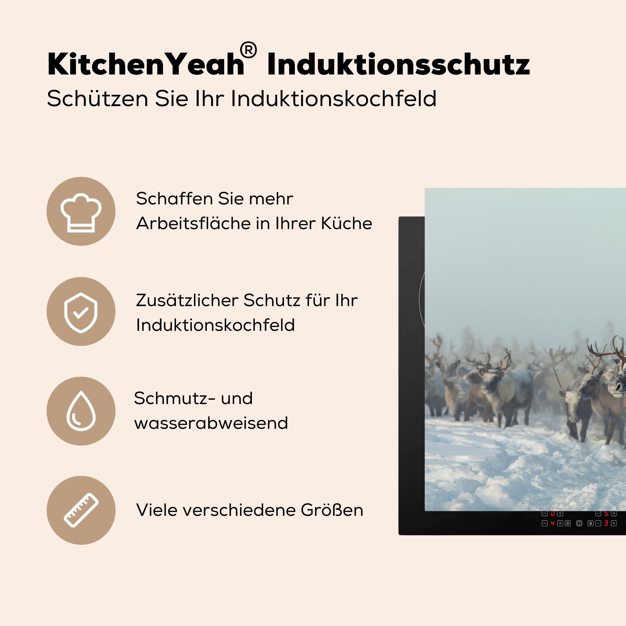 MuchoWow Herdblende-/Abdeckplatte Rentier - tlg), Schutz Vinyl, (1 küche, - cm, Ceranfeldabdeckung Induktionskochfeld die 81x52 Schnee für Tiere