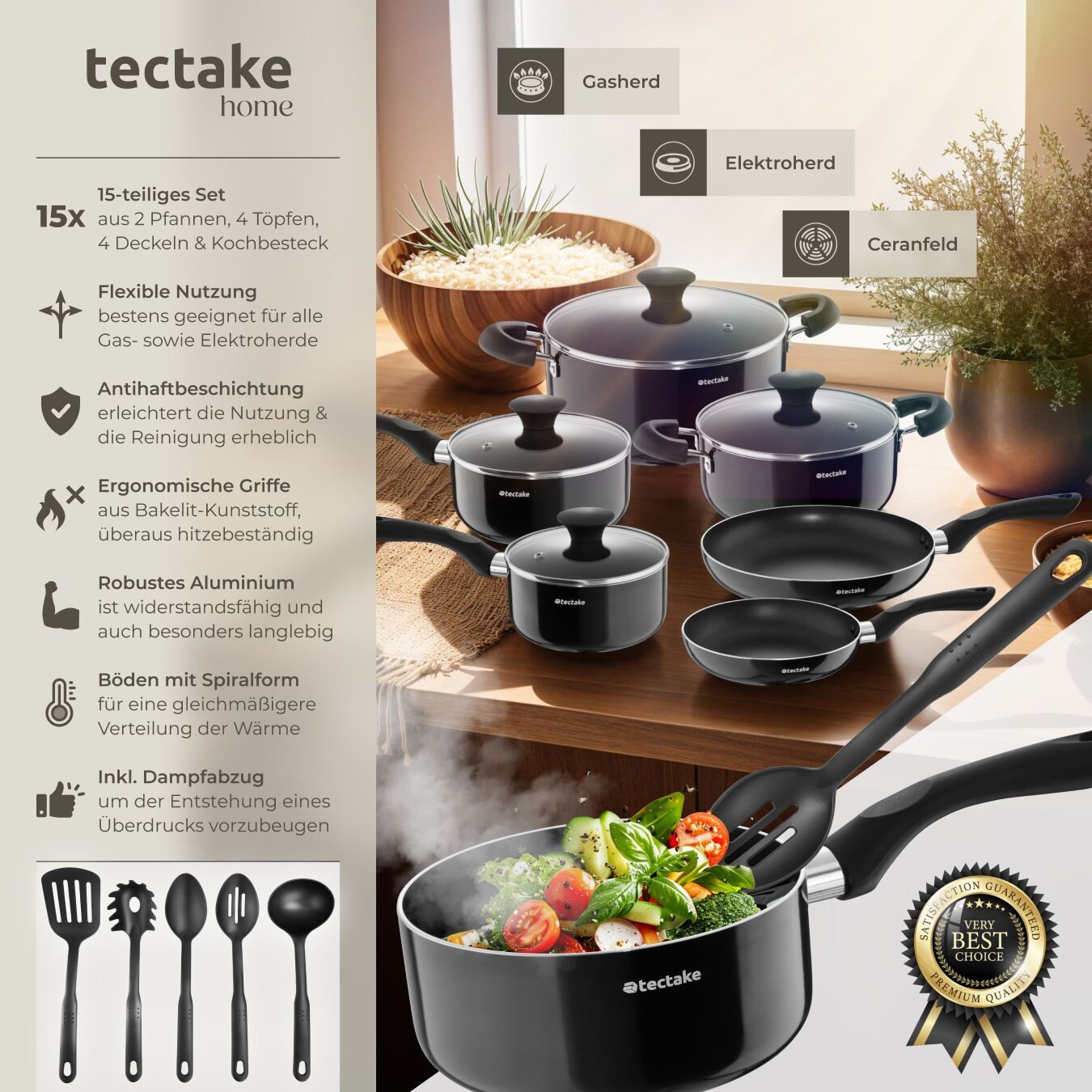 tectake Topf-Set Aluminium Kochtopfset, Aluminium (Komplettset, 15-tlg), 15-teilig