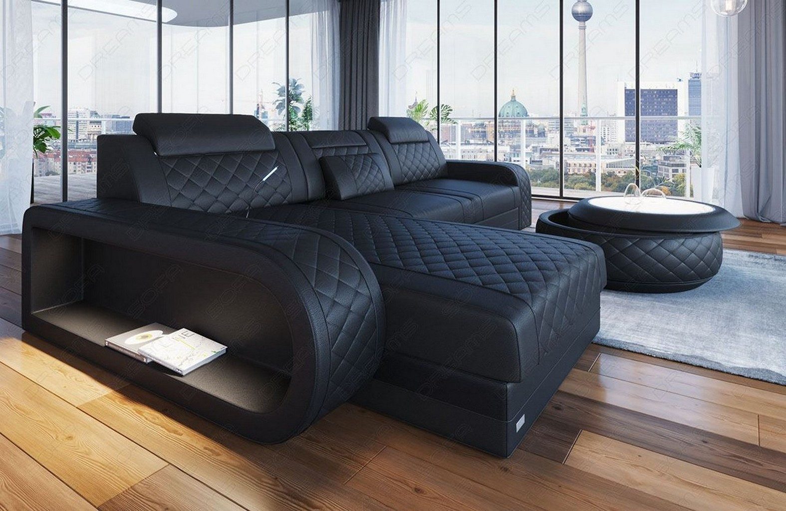 Sofa Dreams Ecksofa Berlin L Form Leder, Ecksofa, Ottomane, LED-Beleuchtung, Breite: 308cm, Zierkissen, 4-Sitzer, USB