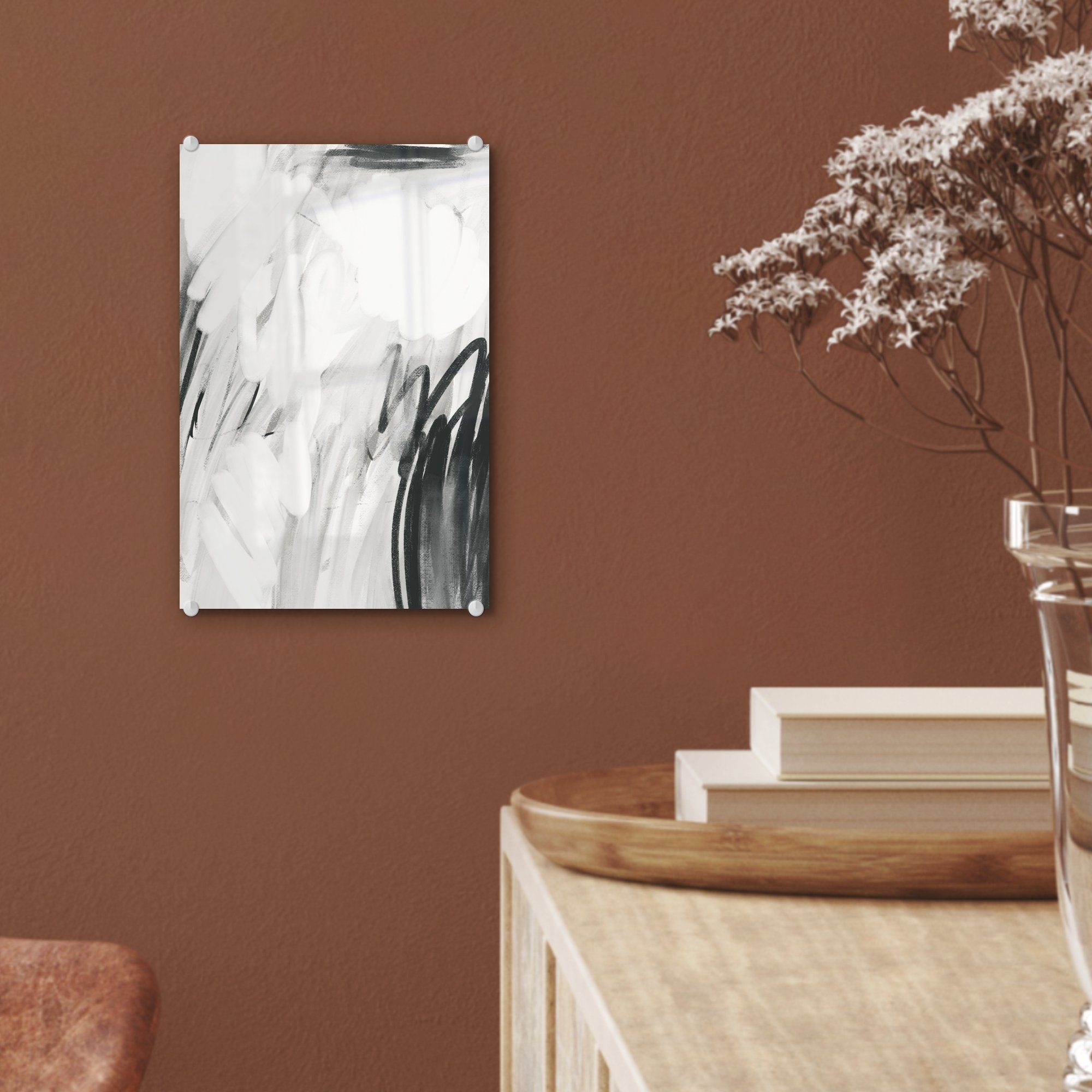 MuchoWow Acrylglasbild - - Glas - Glas Kunst auf Schwarz Foto (1 St), Wandbild Weiß Bilder Grau, auf - - - Glasbilder Wanddekoration