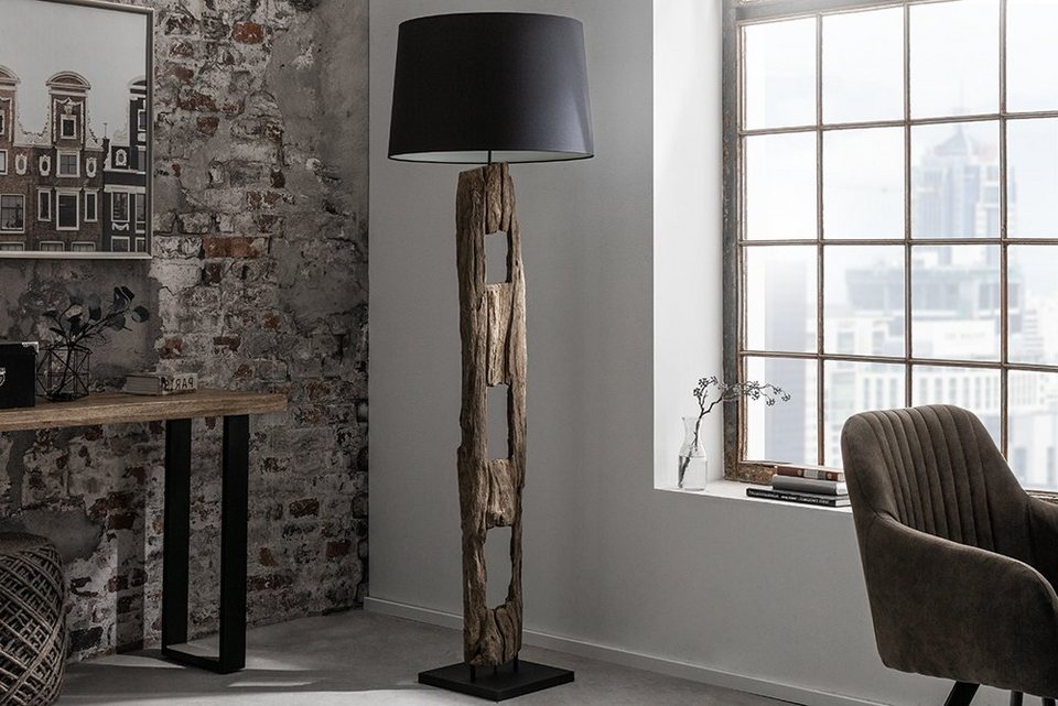 natur, Wohnzimmer mit Massivholz Lampenschirm · Stehlampe Design 177cm · Industrial riess-ambiente schwarz / · Leuchtmittel, BARRACUDA ohne