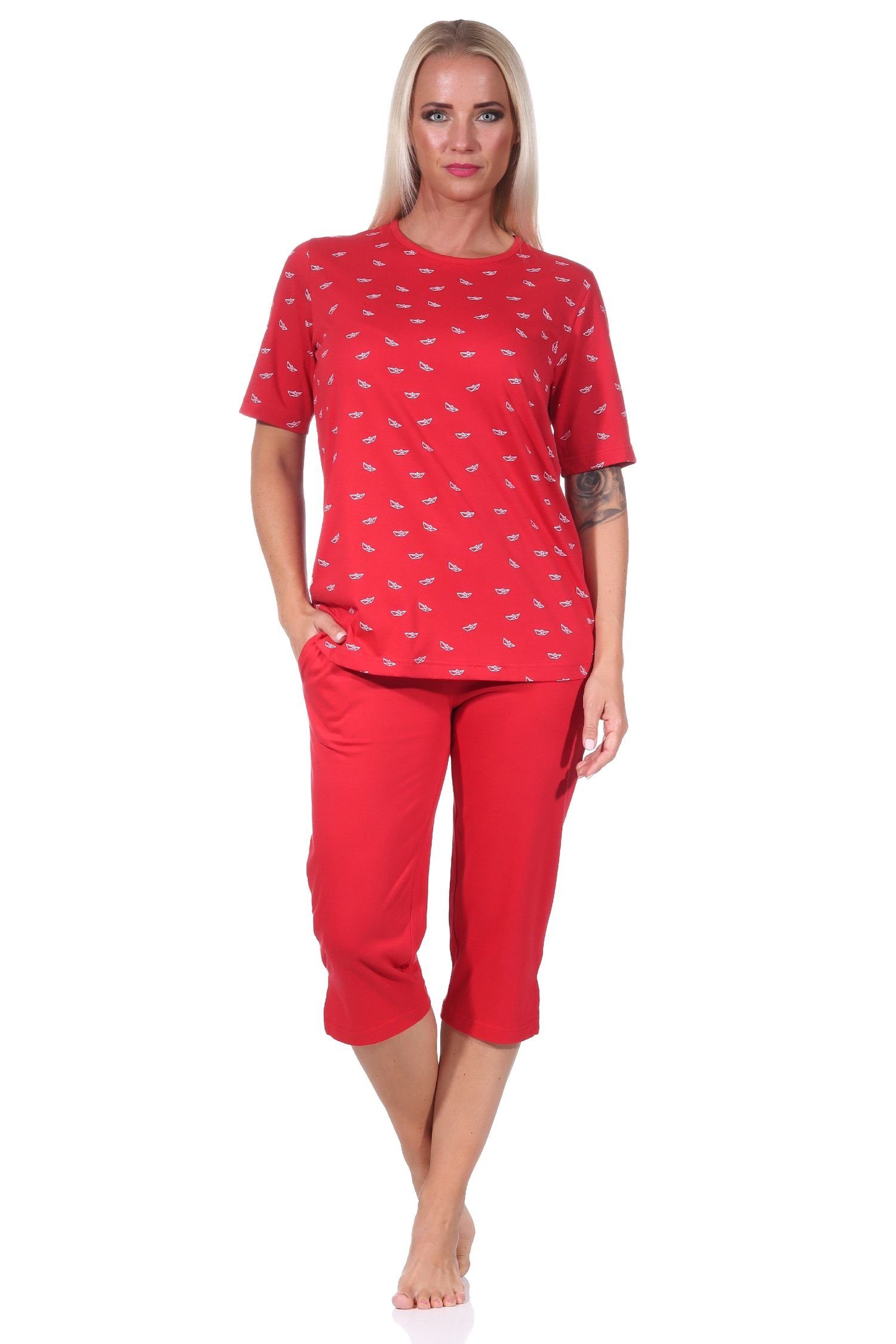 mit kurzarm maritimer Normann Pyjama Optik rot Schlafanzug in Damen Caprihose Pyjama