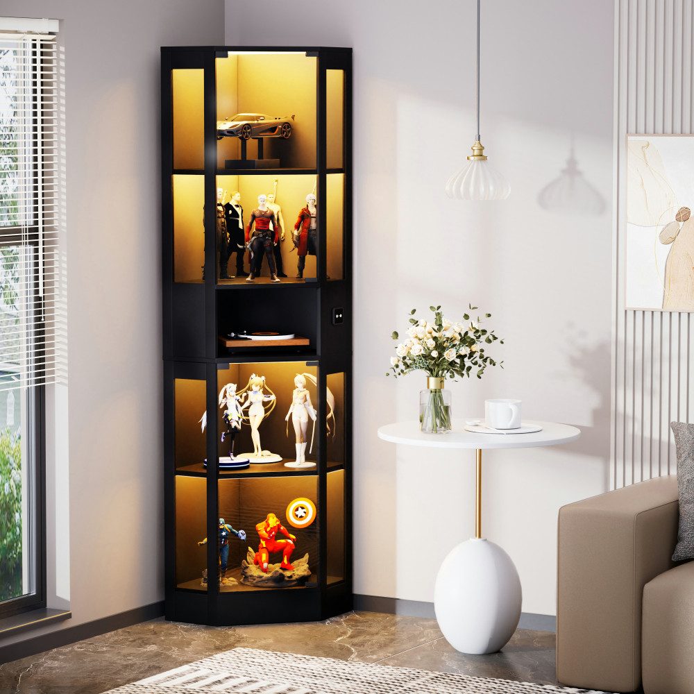 BBWL Vitrine LED 5 Ebenen mit Sensor Beleuchtung Vitrinenschrank Glastüren Glasvitrine 57x40x165cm modern, Stauraum