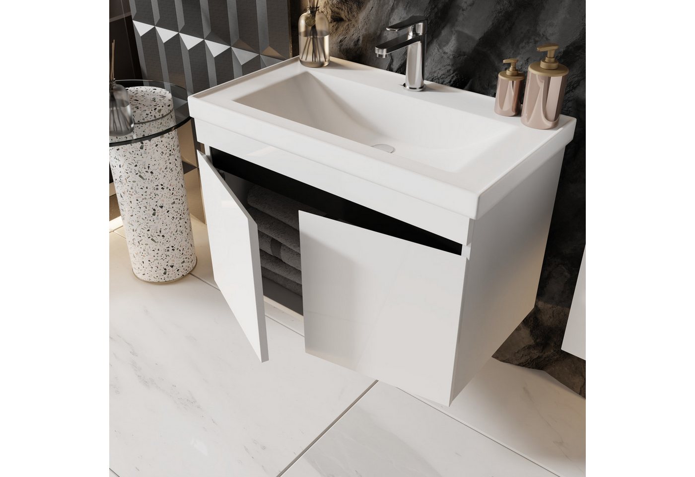 Thumbnail - Karen Waschtisch-Set Waschtisch mit Unterschrank Venus Weiß, (2-St., Der Lieferumfang umfasst Unterschrank und Waschbeck...