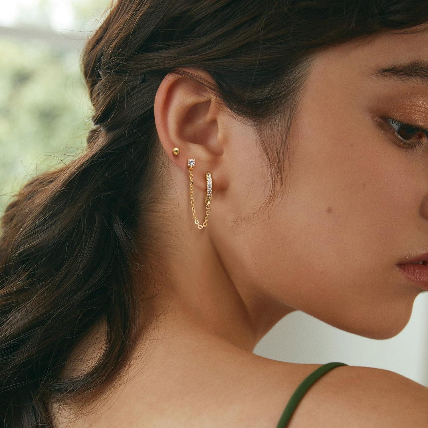 LuxusKollektion Ohrring-Set Ohrringe Silber 925 Zirkonia Doppel Piercing Ohrstecker Creolen Kette