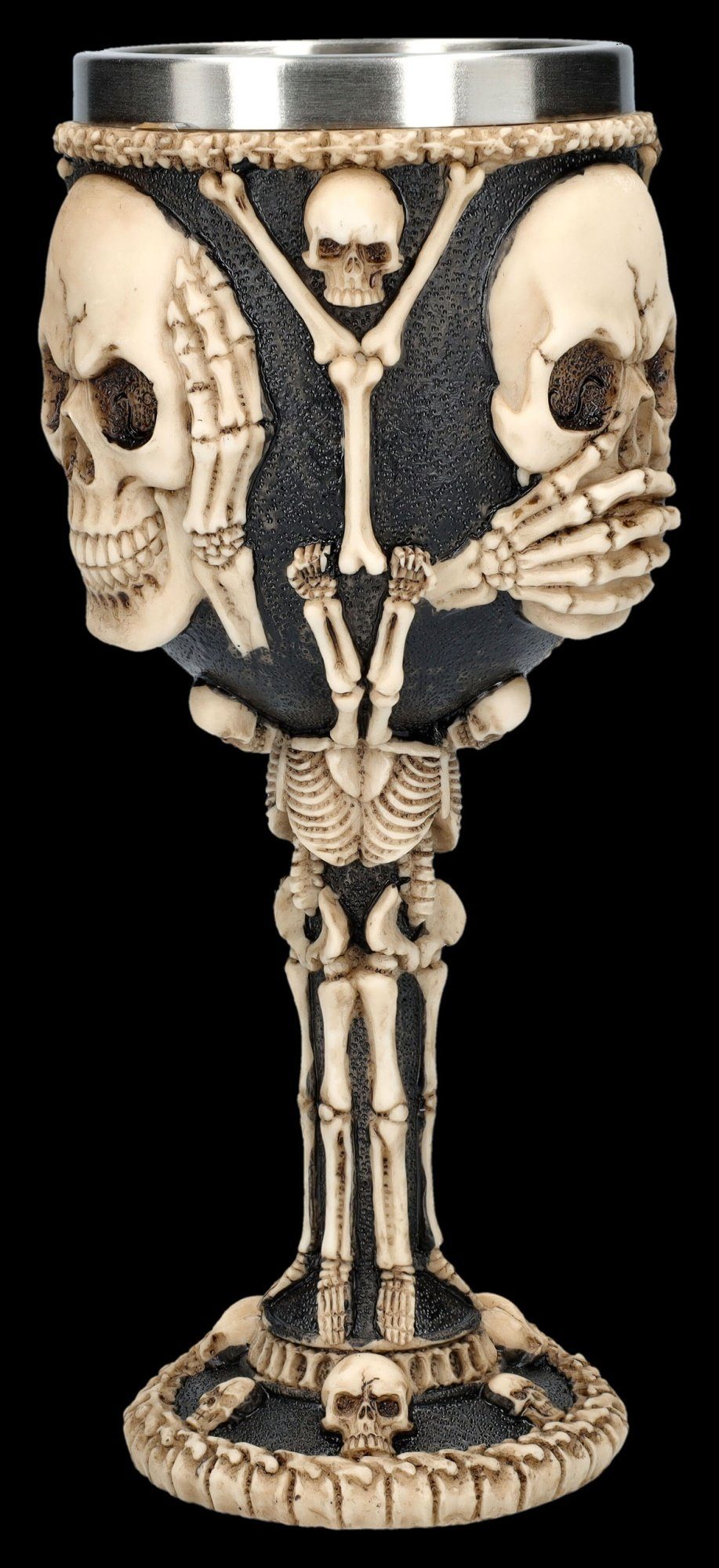 Figuren Shop GmbH Becher Kelch - Totenköpfe Nichts Böses - Gothic Weinkelch Becher Totenschädel, Kunststein (Polyresin), Edelstahl