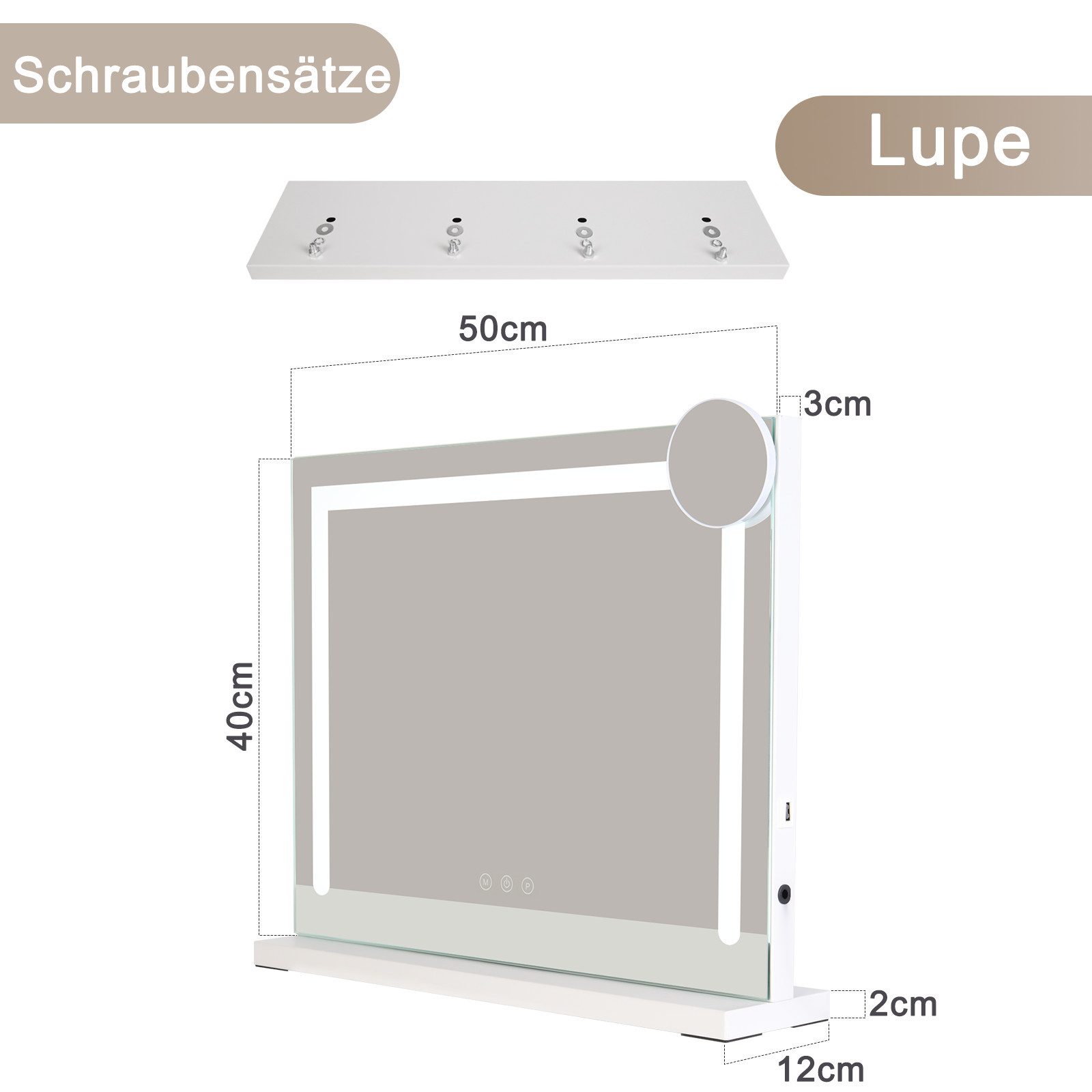 ZMH Schminkspiegel mit Beleuchtung, Hollywood Kosmetikspiegel 50x40 cm, 3 Lichtfarben dimmbar, Touch, 5-fache Vergrößerung, USB