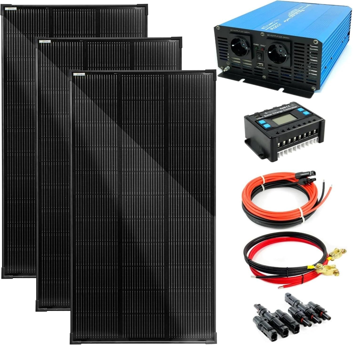 solartronics Solarmodul Komplettset: 120W Solarpanel 1500W Wandler 30A Laderegler Solarkabel, Monokristallin, (Set), ESG-Glas
