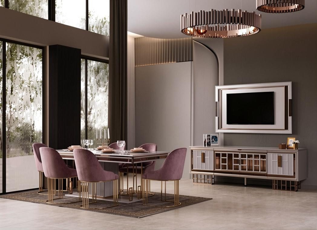 JVmoebel Essgruppe Esszimmer Set Esstisch 6x Stühle TV-Block Beige Moderner Stil Stilvoll, (8-tlg), Made in Europa