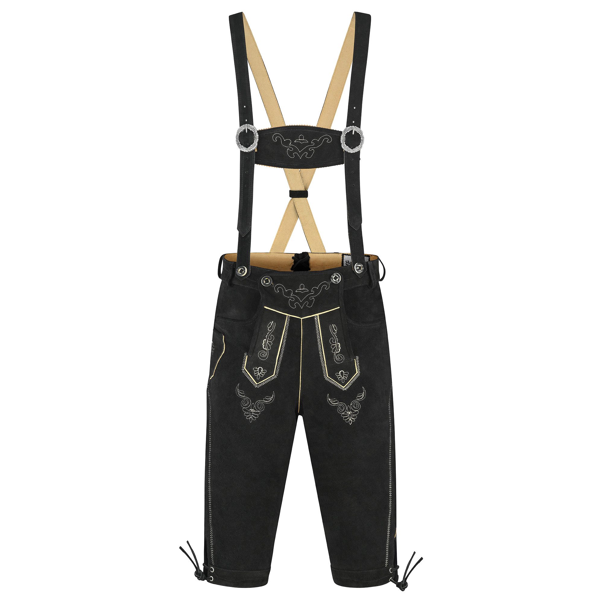BOHMBERG Trachtenlederhose Herren Kniebund Lederhose Echtleder inkl. Hosenträger Schwarz