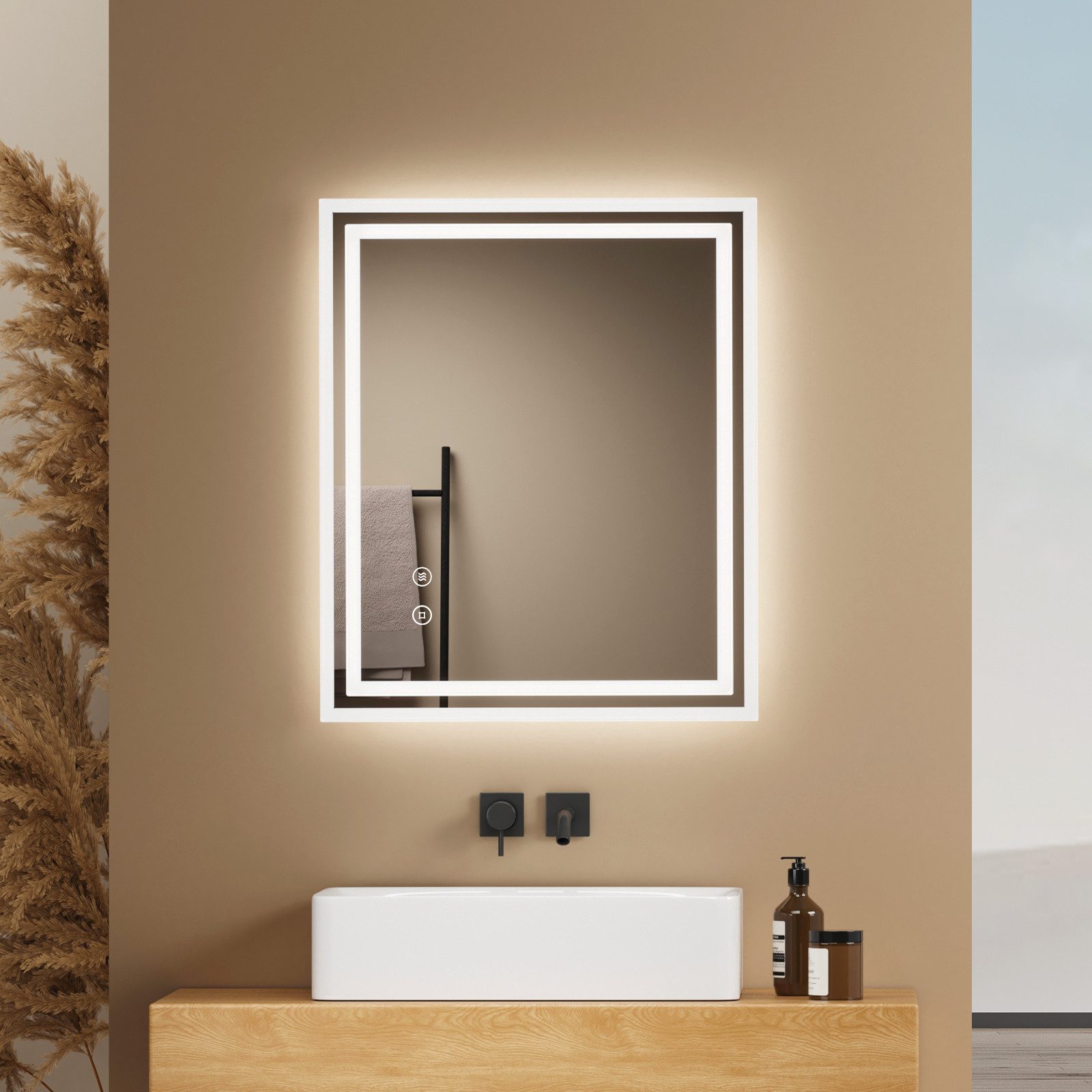 EMKE Badspiegel mit Touch 6500K LED-Beleuchtung eckig, Beschlagfrei, Horizo günstig online kaufen