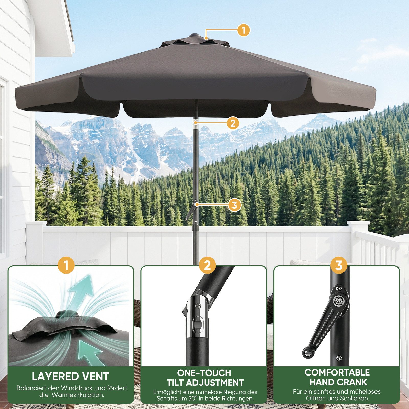 Sekey Sonnenschirm 200 cm Gartenschirm Rund Marktschirm Knickbar mit Kurbel, LxB: 200x200 cm, mit Überhang, Windstabil & neigbar, ideal für Balkon, Garten, UV 50+