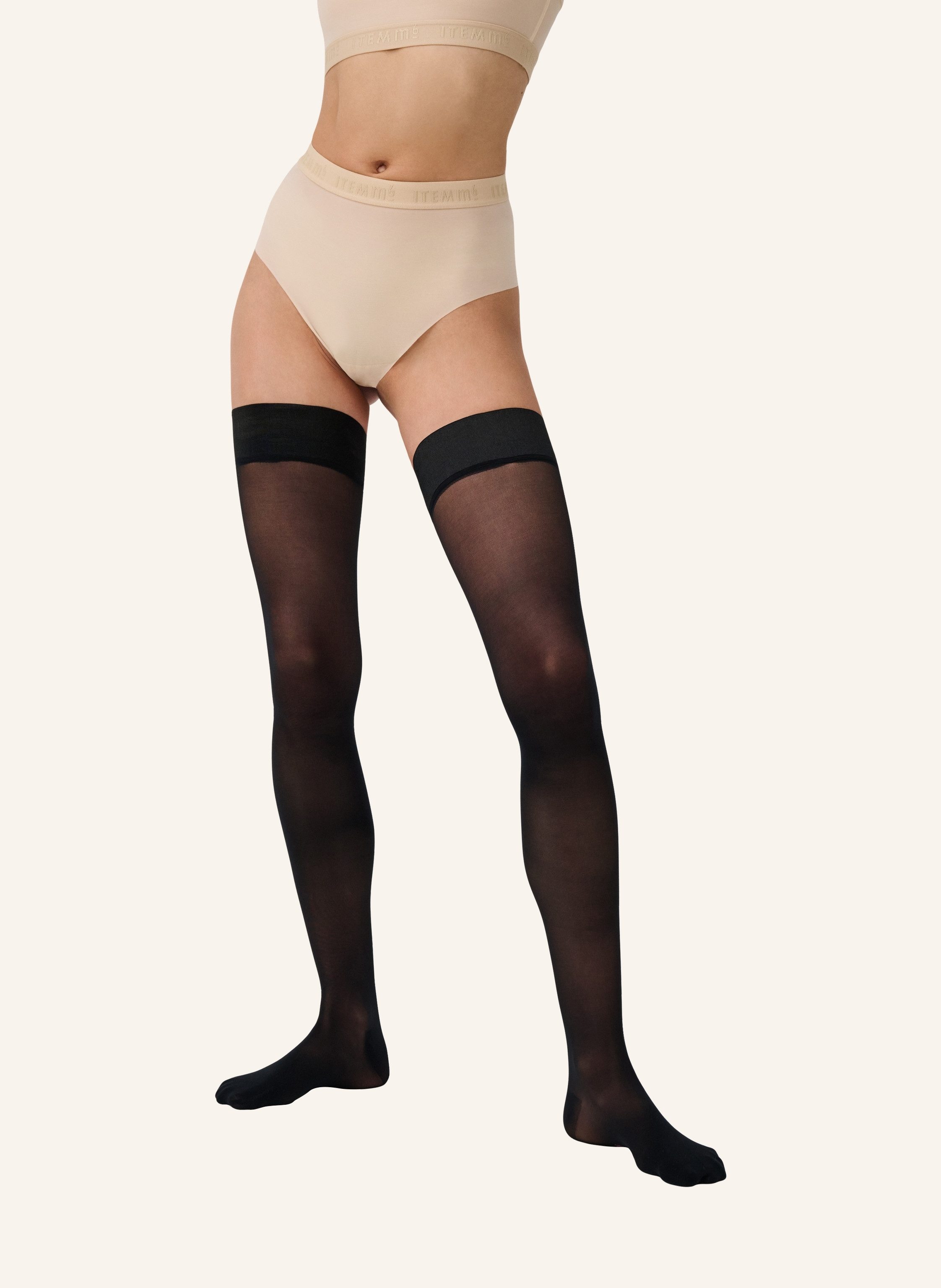 ITEM m6 Halterlose Strümpfe Kompression, Silikonhaftband Metallic-Look, leichte Beine, transparent