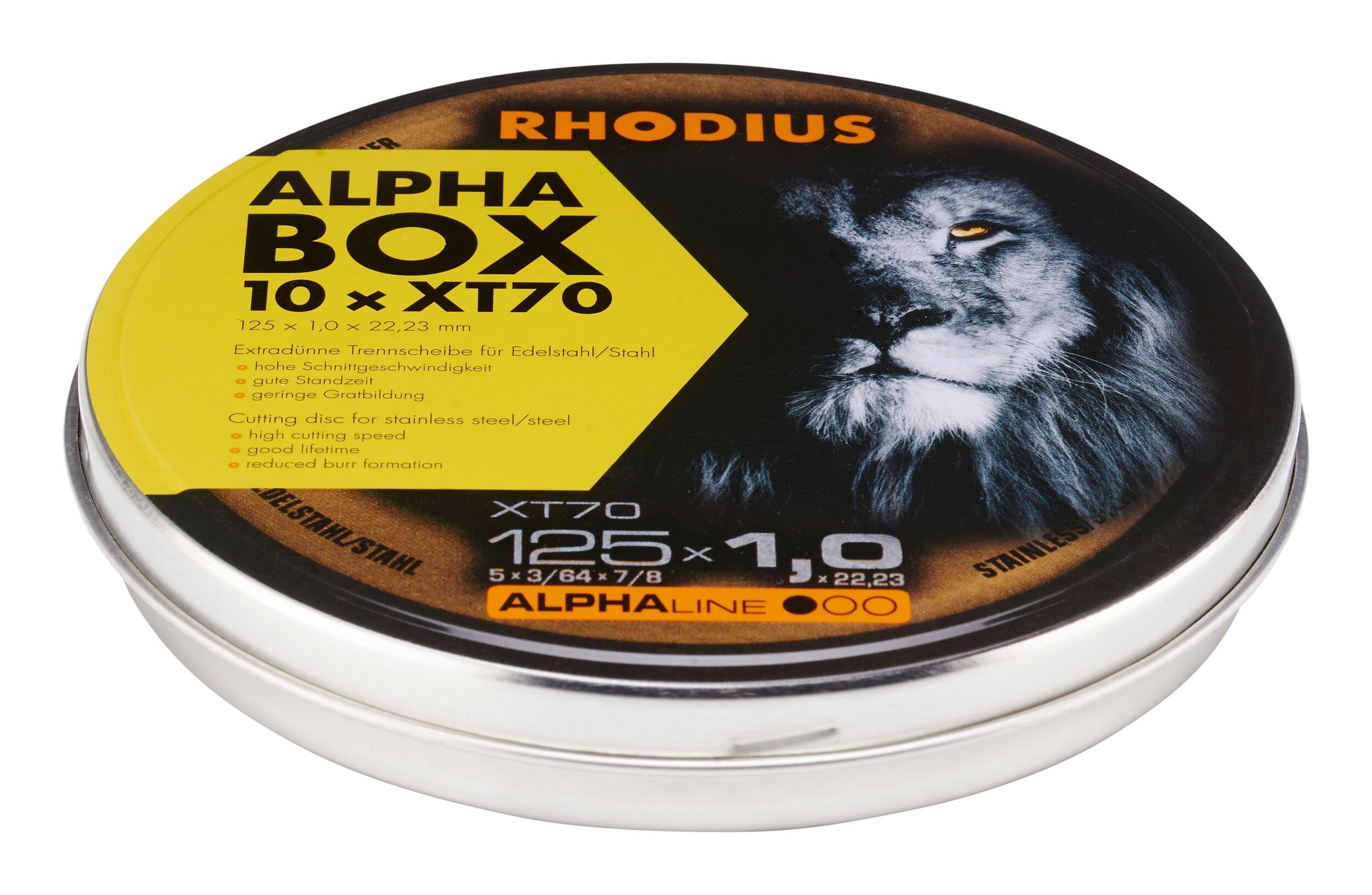 Rhodius Trennscheibe ALPHAline XTS, Ø 125 mm, (10 Stück), ALPHAline XT70 BOX Extradünne - 125 x 1 x 22,23 mm - in der Dose