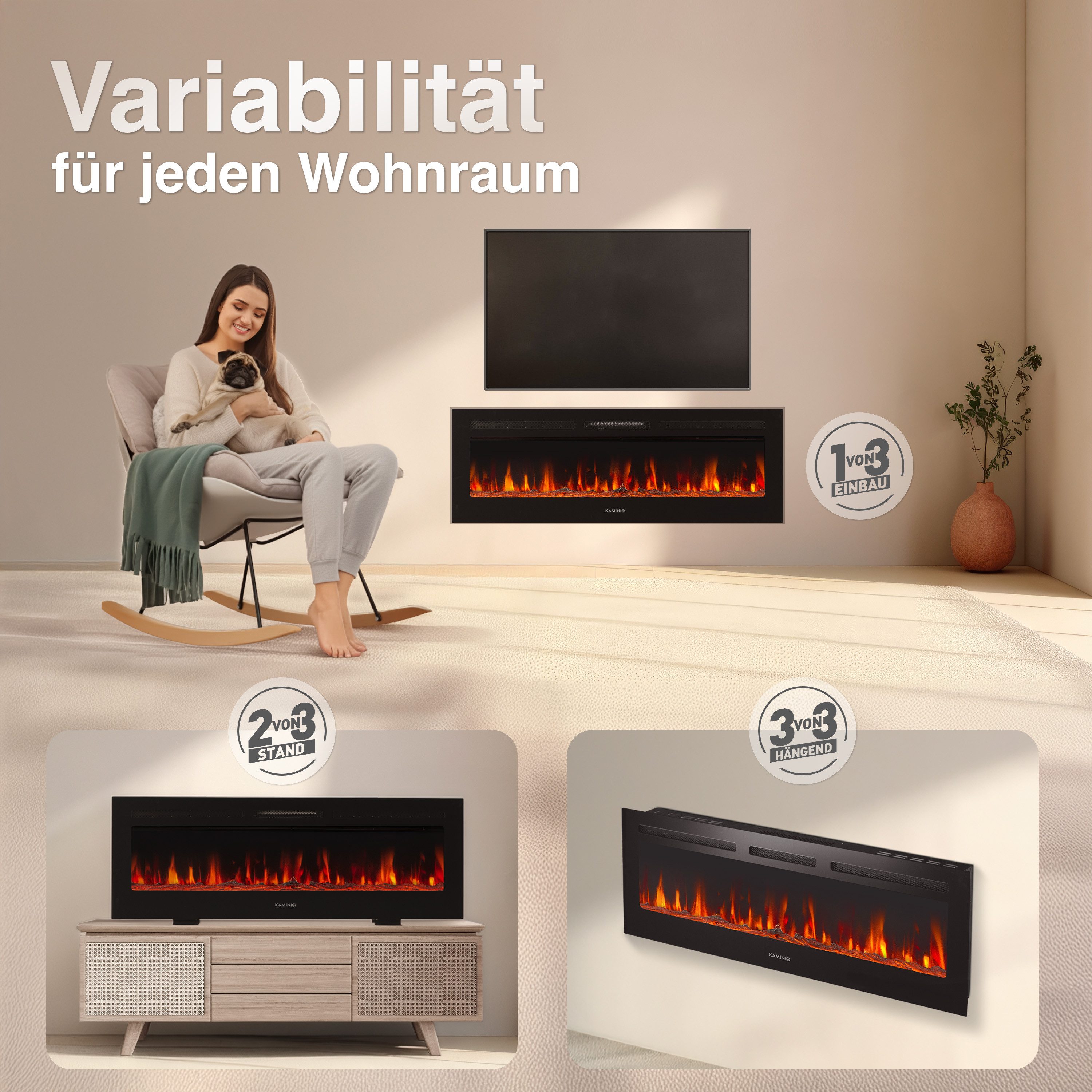 KAMINIO Elektrokamin MARLON, 3in1 Kamin: Elektrischer Stand-, Wand- und Einbaukamin, Heizung 1800W