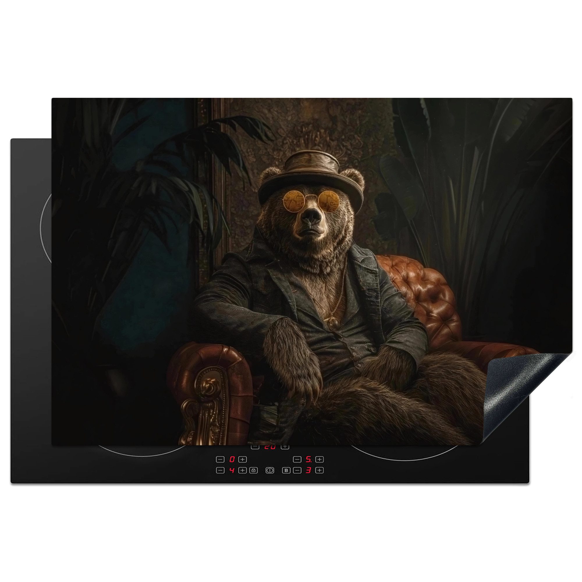 MuchoWow Herd-Abdeckplatte Bär - Braun - Anzug - Hut, Vinyl, (1 tlg), Cerankochfeld Abdeckung, Herd Abdeckplatten Vinyl, 76x51.5 cm
