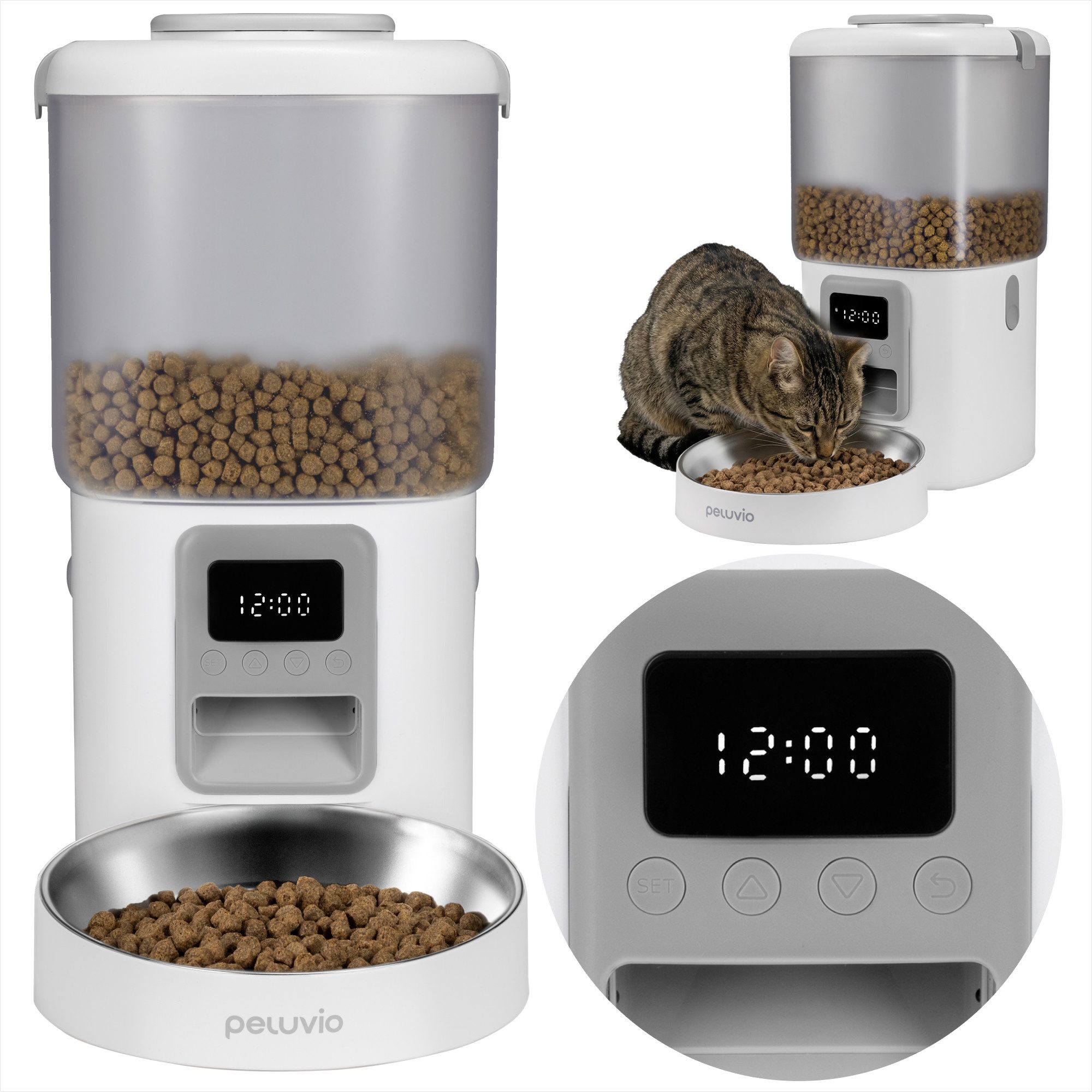 Peluvio Katzen-Futterautomat CRIPSY CAT, 4,5L Vorrat / LCD-Display / 4 Mahlz./Tag / Batterienotbetrieb