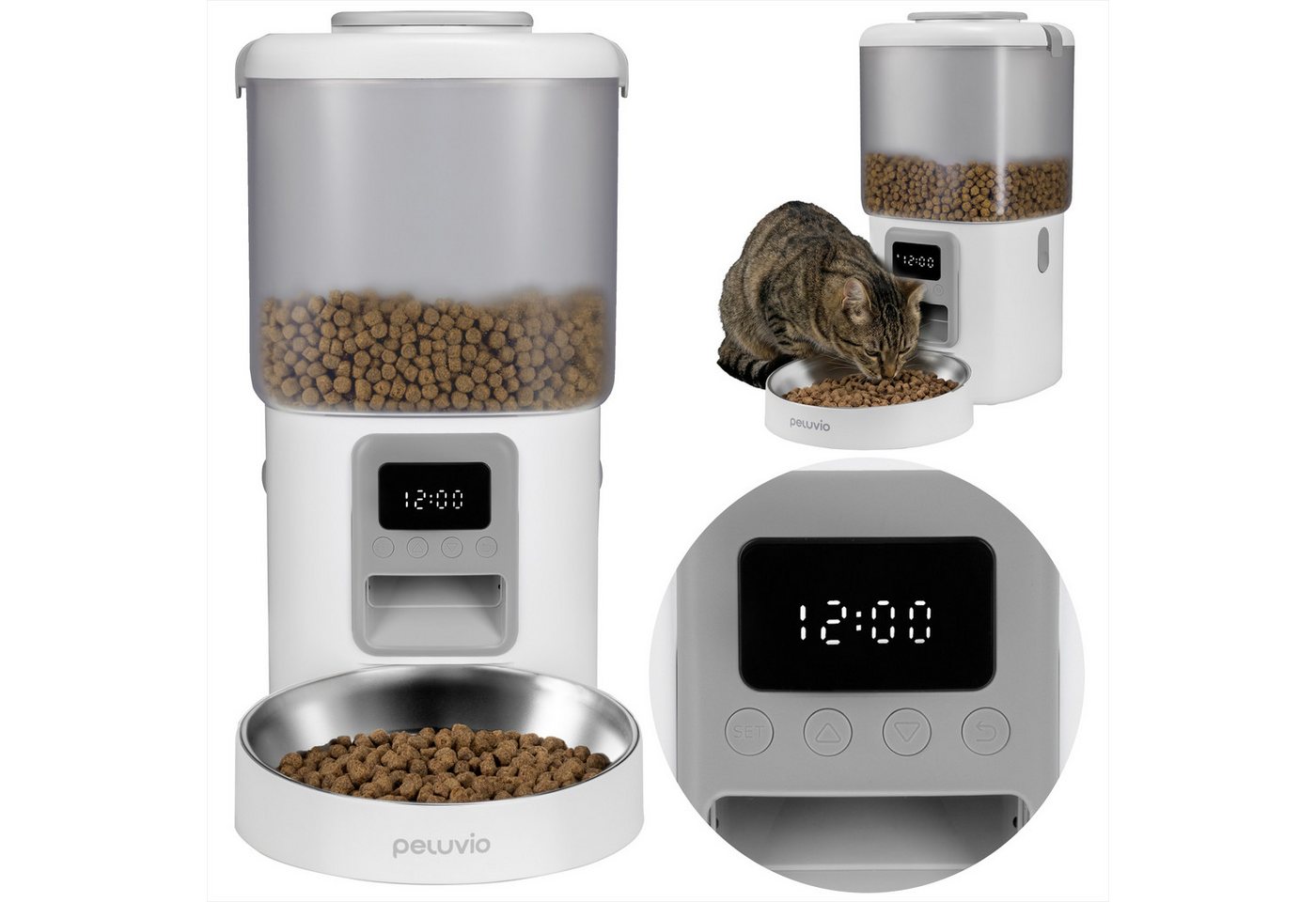 Peluvio Katzen-Futterautomat CRIPSY CAT, 4,5L Vorrat / LCD-Display / 4 Mahlz./Tag / Batterienotbetrieb