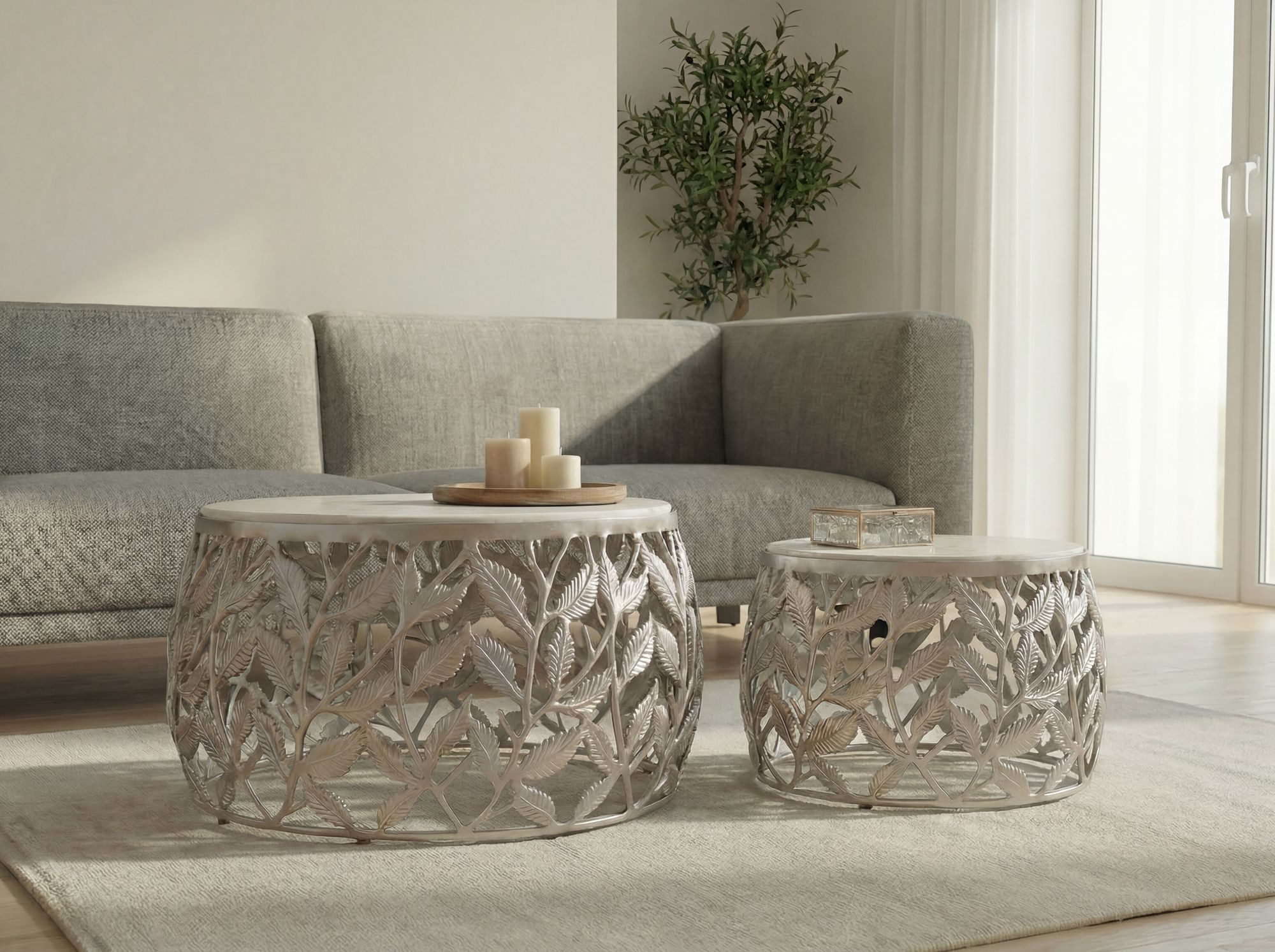 Wohnling Couchtisch WL7.339 2er Set Couchtisch Silber Wohnzimmertisch Beistelltisch Marmor (Elegante Tischkombination für stilvolle Wohnräume), Zwei Größen für flexible Nutzung im Alltag