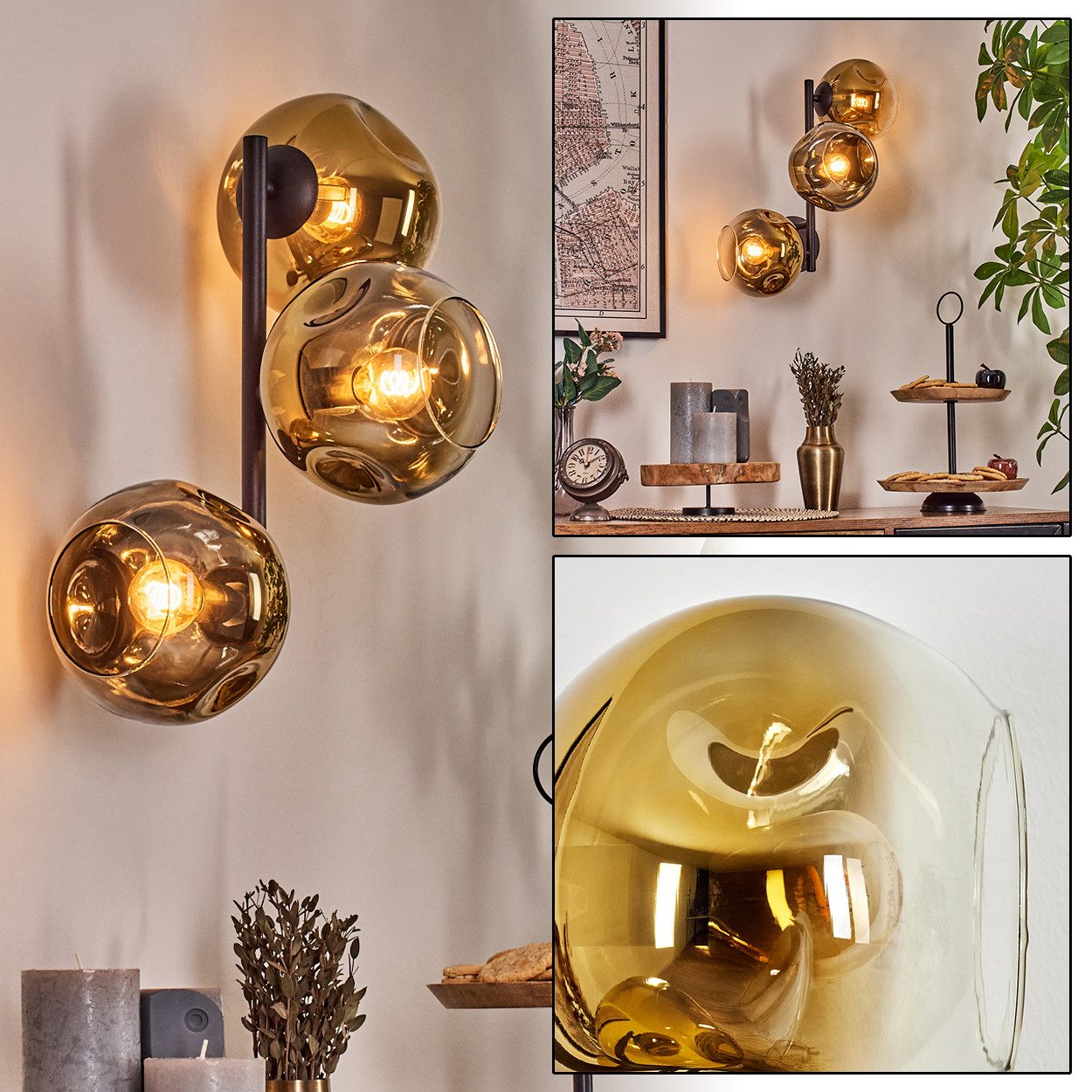 hofstein Wandleuchte Wandlampe aus Metall/Glas in Schwarz/Goldfarben/Klar, ohne Leuchtmittel, moderne Wandleuchte im Retro/Vintage-Design (Schirme 15 cm), E14