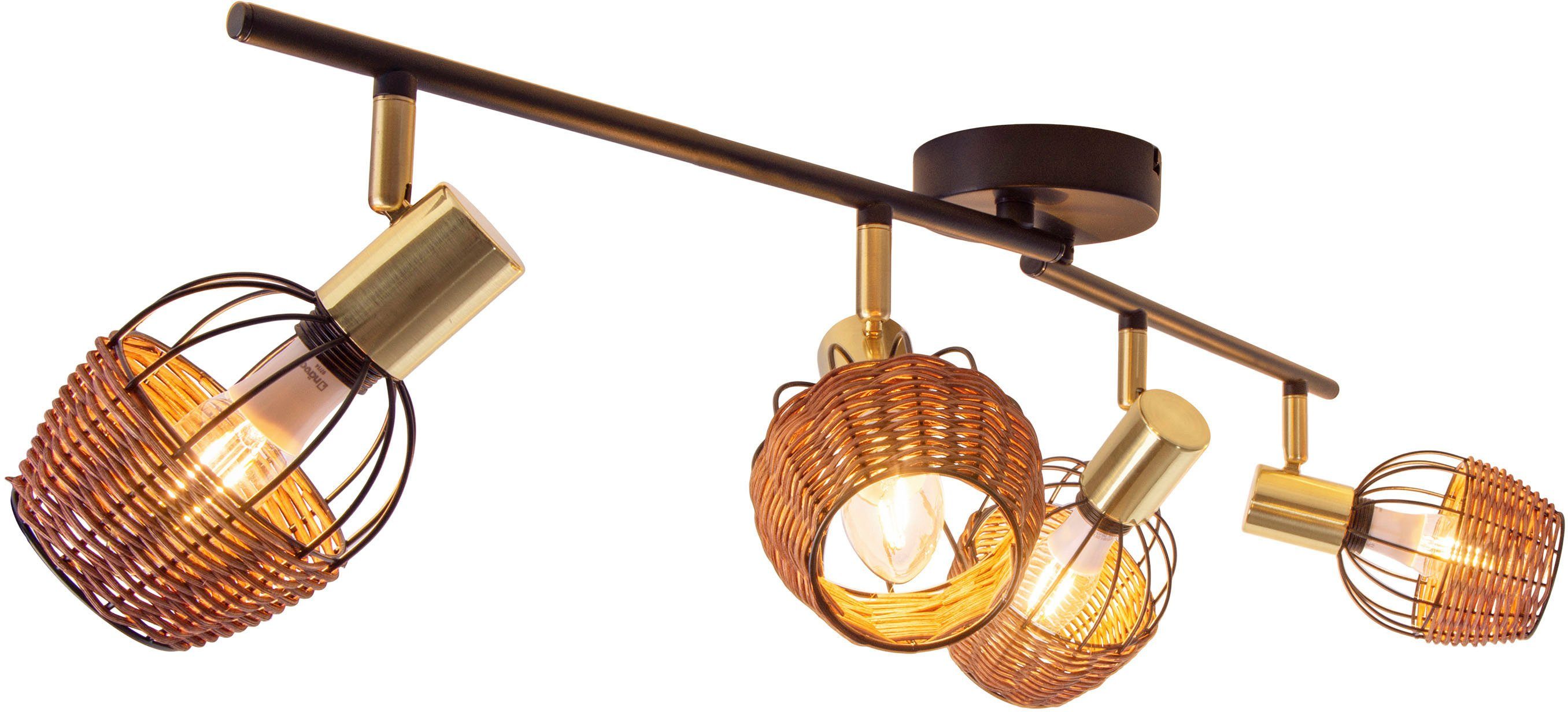 näve Deckenspots Corbis, ohne Leuchtmittel, 4 Spots excl. E14 max. 40W schwarz/natur/gold Länge 78cm mit Rattan