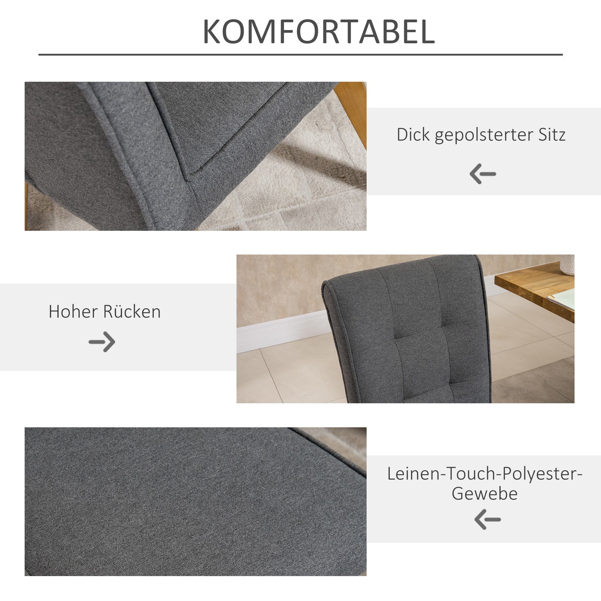 Grau Küchenstuhl Esstischstuhl Leinen-Polyester-Gewebe HOMCOM St), Esszimmerstuhl 2 atmungsaktiv (Set, Esszimmerstühle