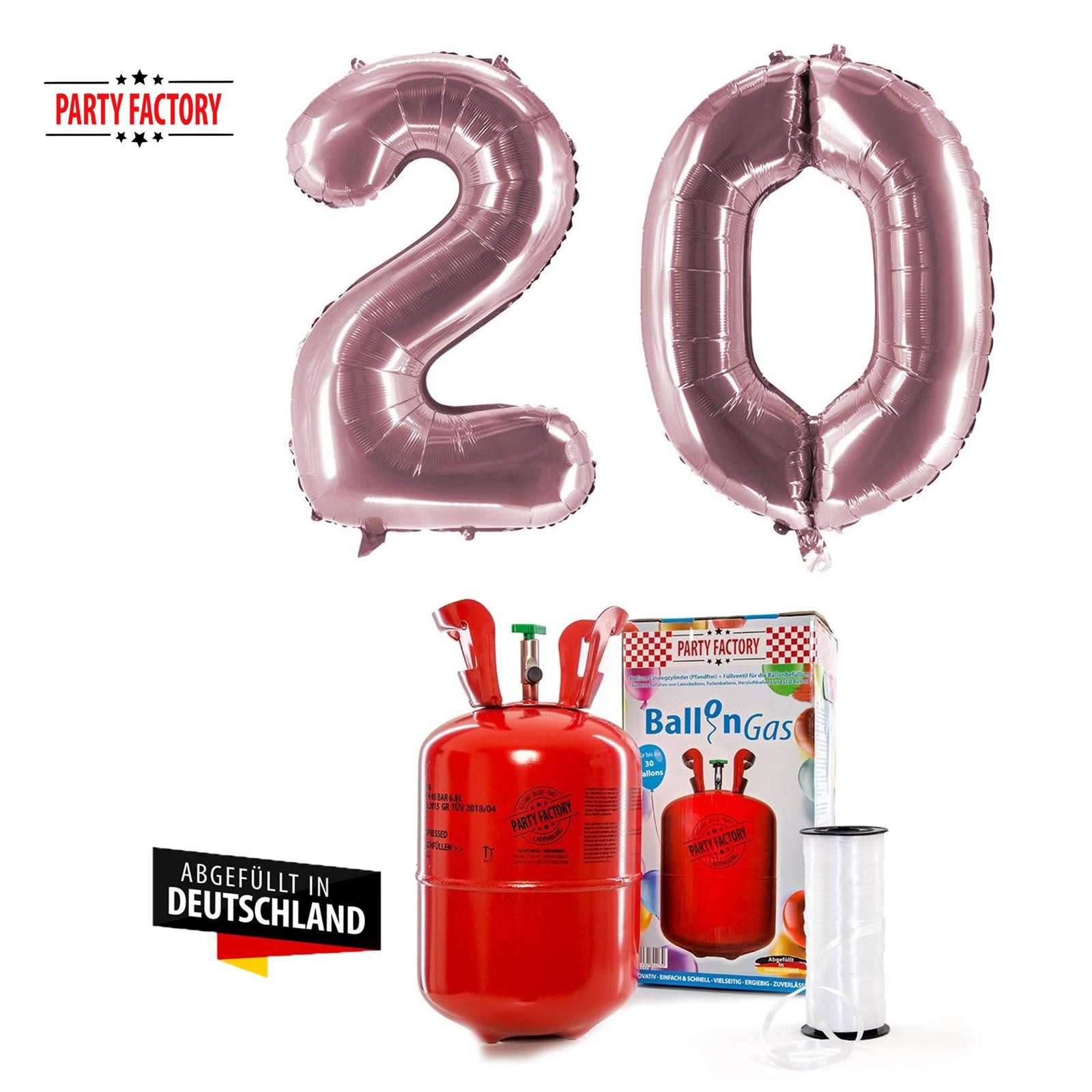 Party Factory Helium Helium-Set "20 rosé" mit XXL Zahlenballons + 0,2m³ Ballongas, Abgefüllt in Deutschland