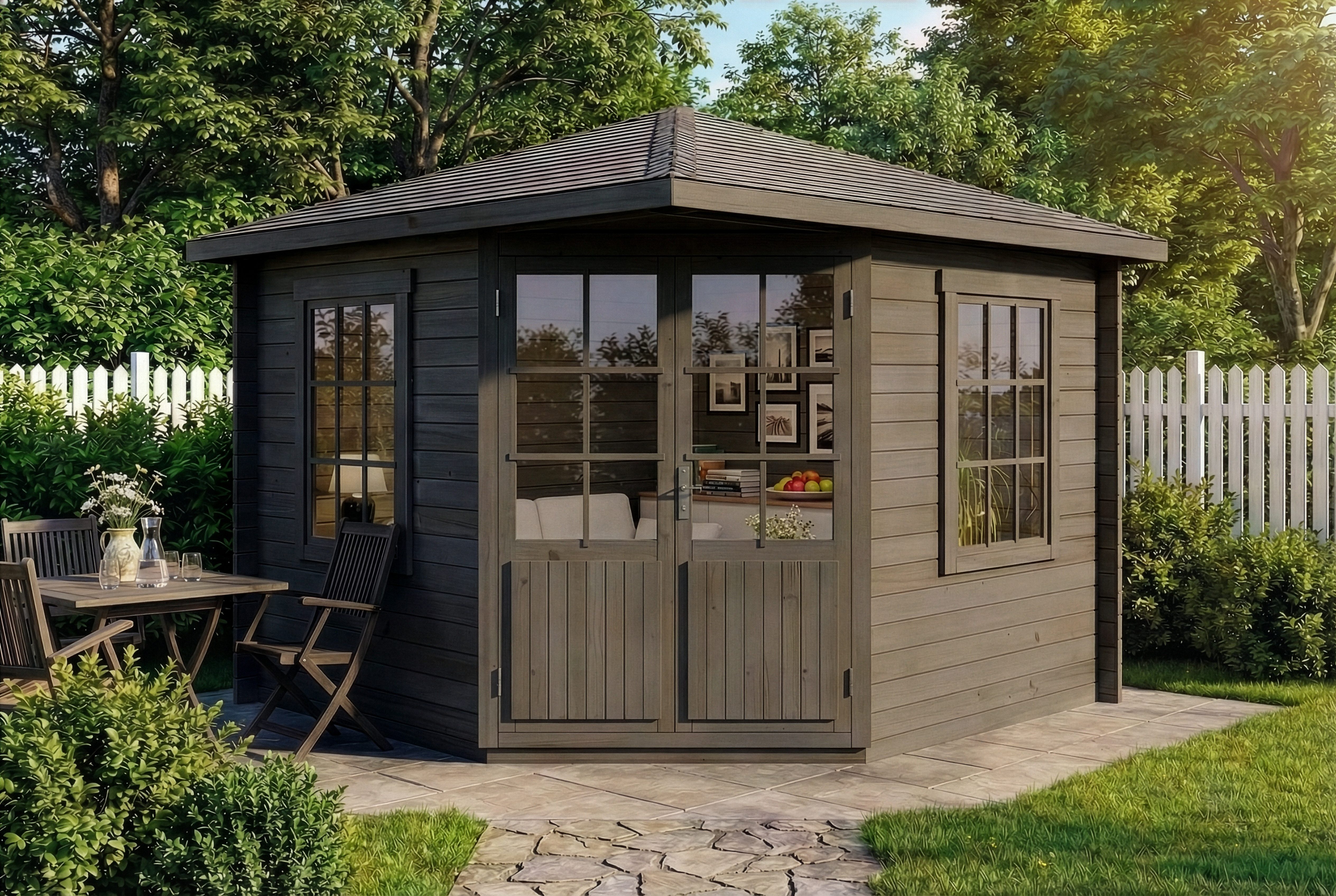 Alpholz Gartenhaus Holz 5-Eck Monica, BxT: 320x320 cm, in Imprägniert (Grau) mit 40mm Wandstärke