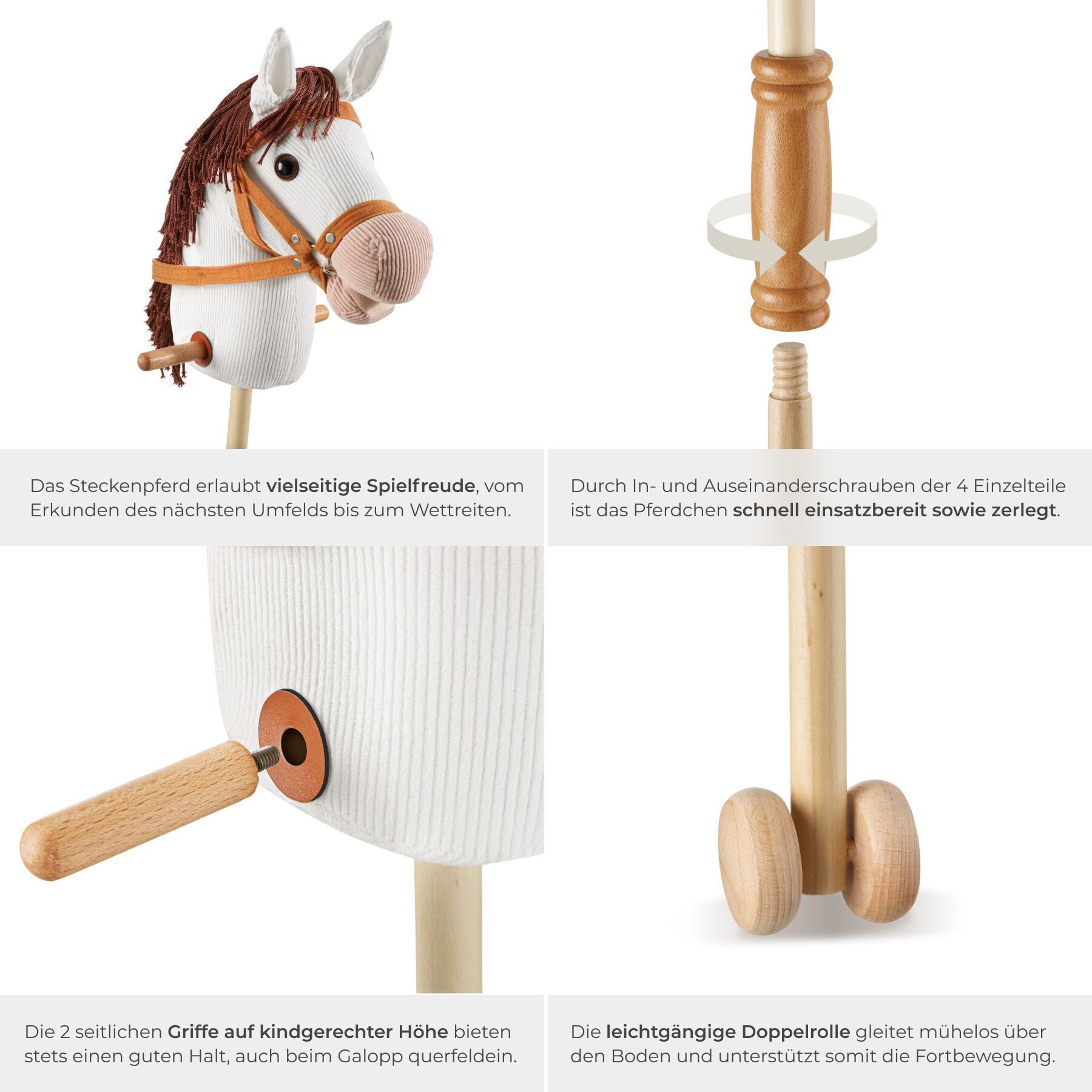 tectake Steckenpferd Hobby Horse mit Rollen - Detailreiches Design für Kinder, (Stockpferd in Weiß, 1 St), Stabiler Holzstab mit Doppelrolle für leichtes Gleite – Bild 5 von 5