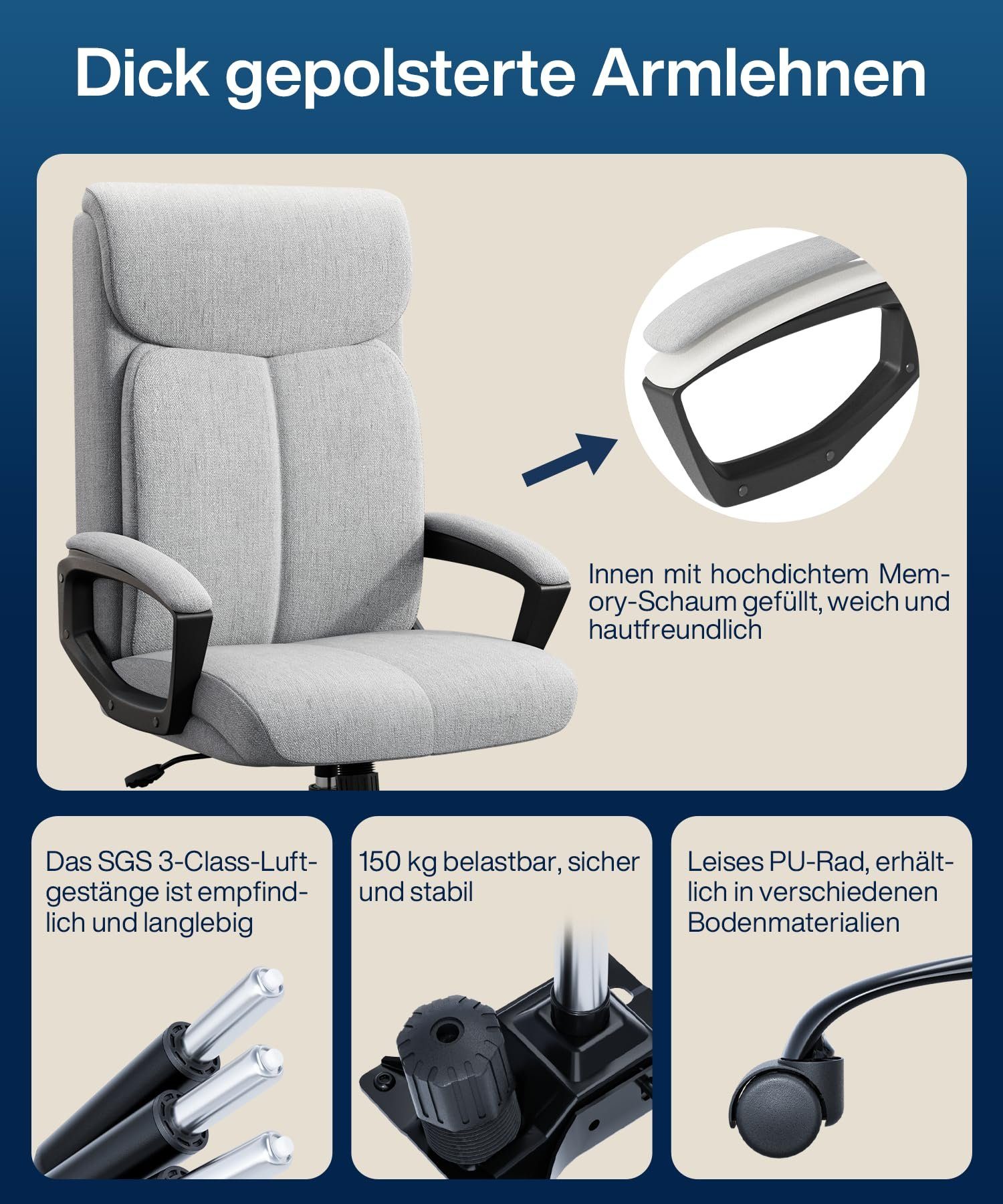Fangqi Gaming-Stuhl Bürostuhl,360° drehbar, Rückenlehne Mit Netzgewebe mit leise Kopfstütze, Armlehnen, 90°-110° gepolsterten Grau Rollen,Hochdichtes neigbar
